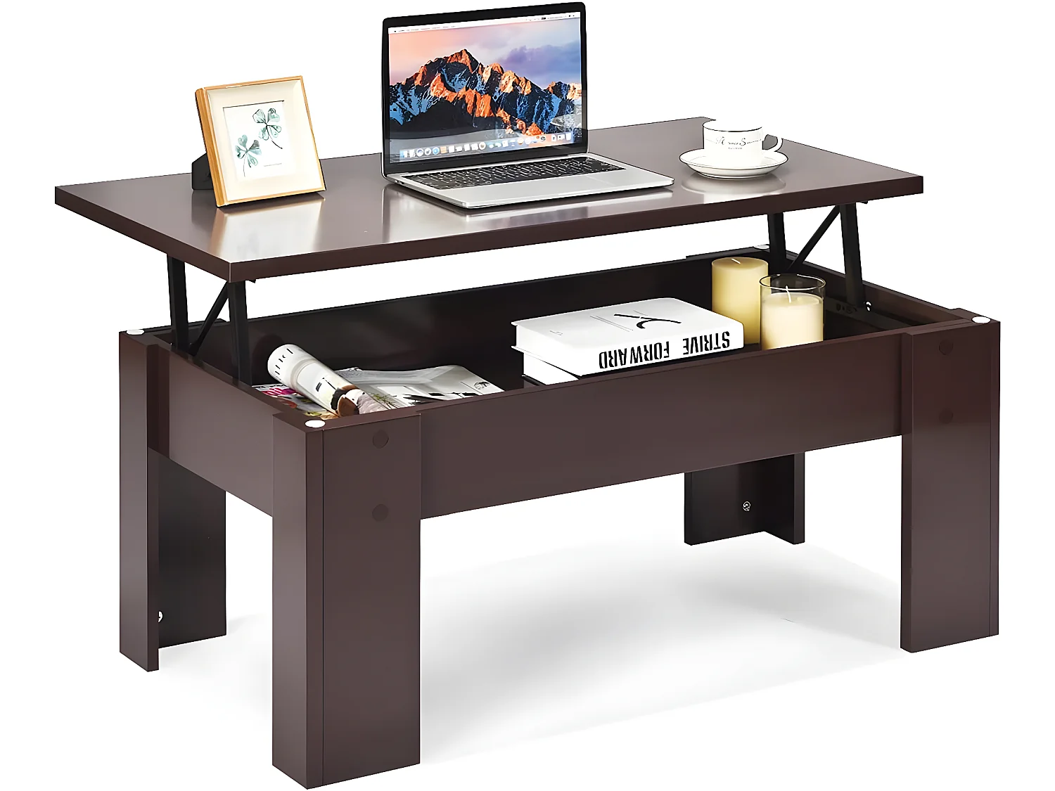 Table basse avec compartiment de rangement caché, table d’appoint 98 x 50 x 42-55 cm