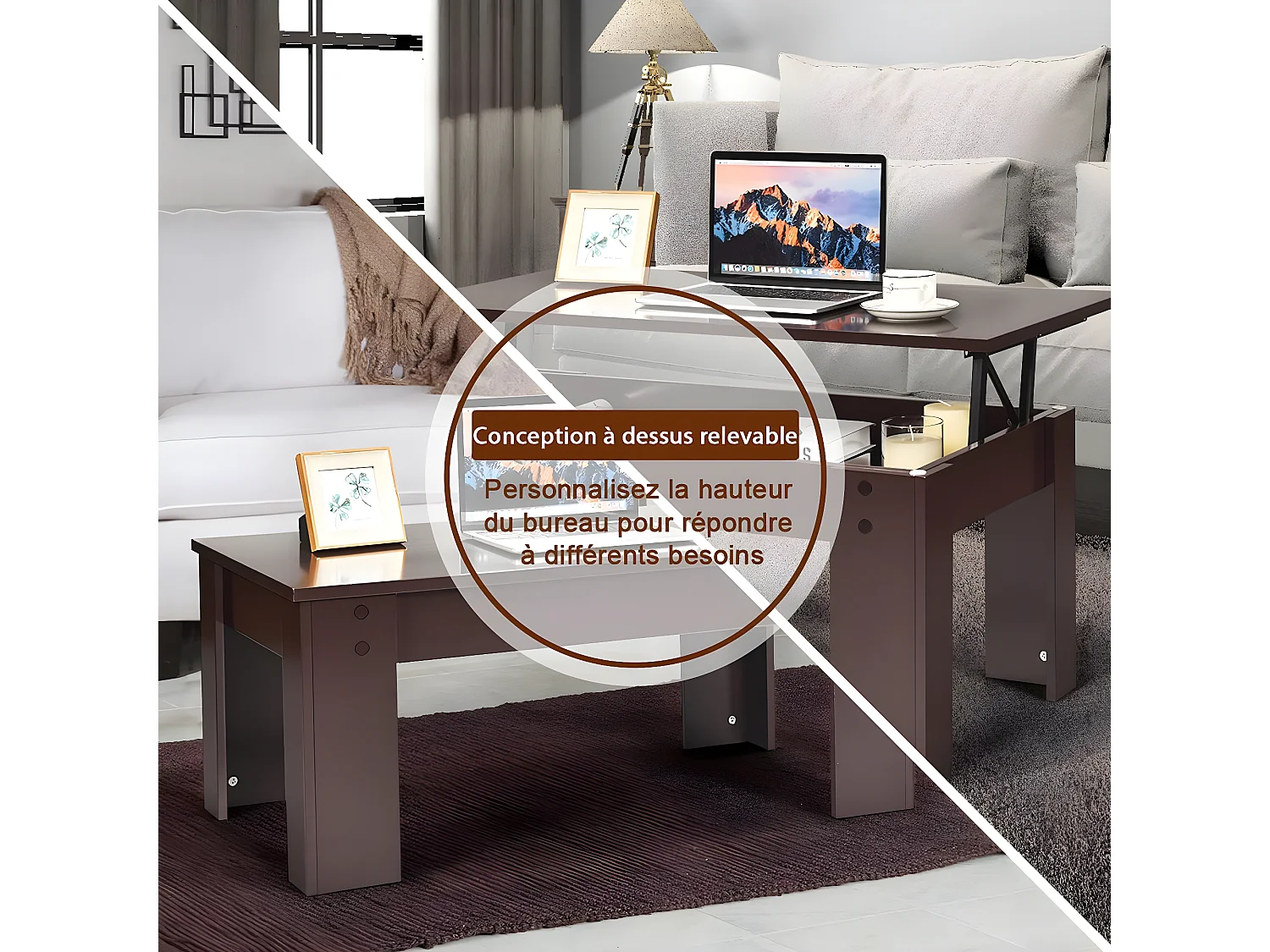 Table basse avec compartiment de rangement caché, table d’appoint 98 x 50 x 42-55 cm