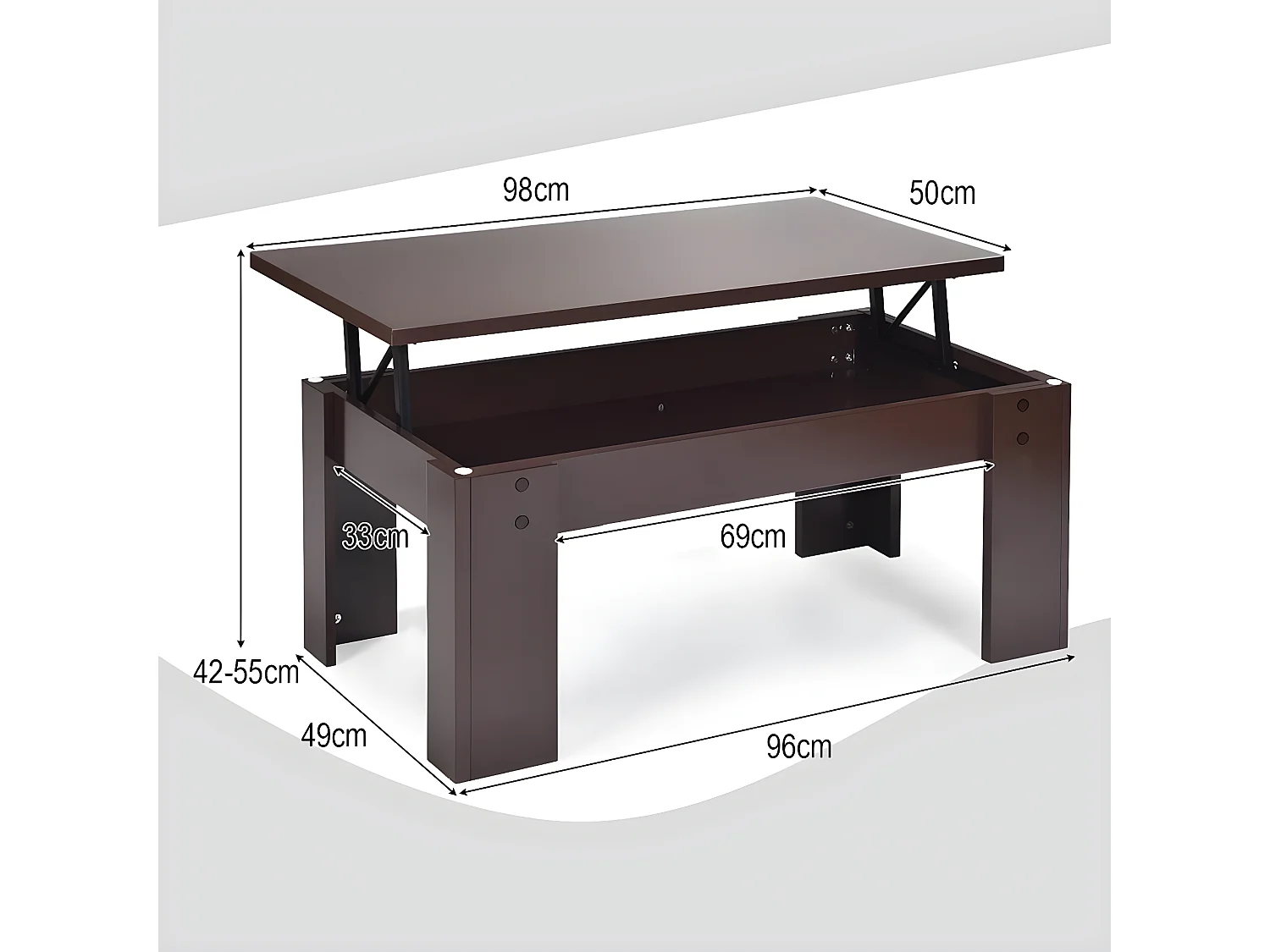 Table basse avec compartiment de rangement caché, table d’appoint 98 x 50 x 42-55 cm