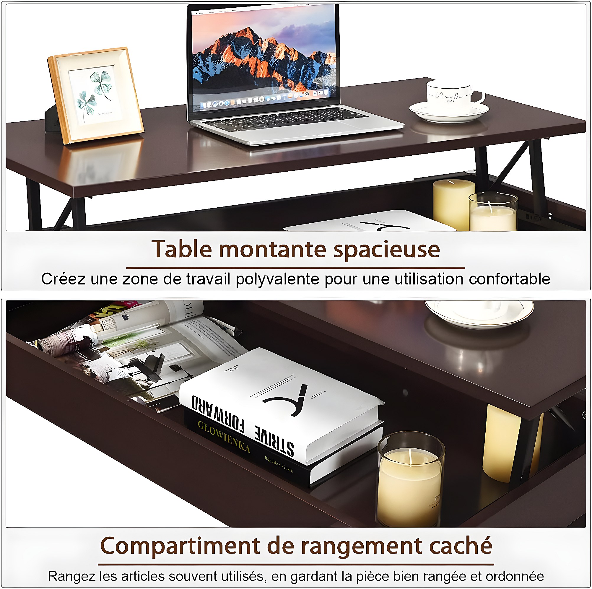 Table basse avec compartiment de rangement caché, avec plateau surélevé ...