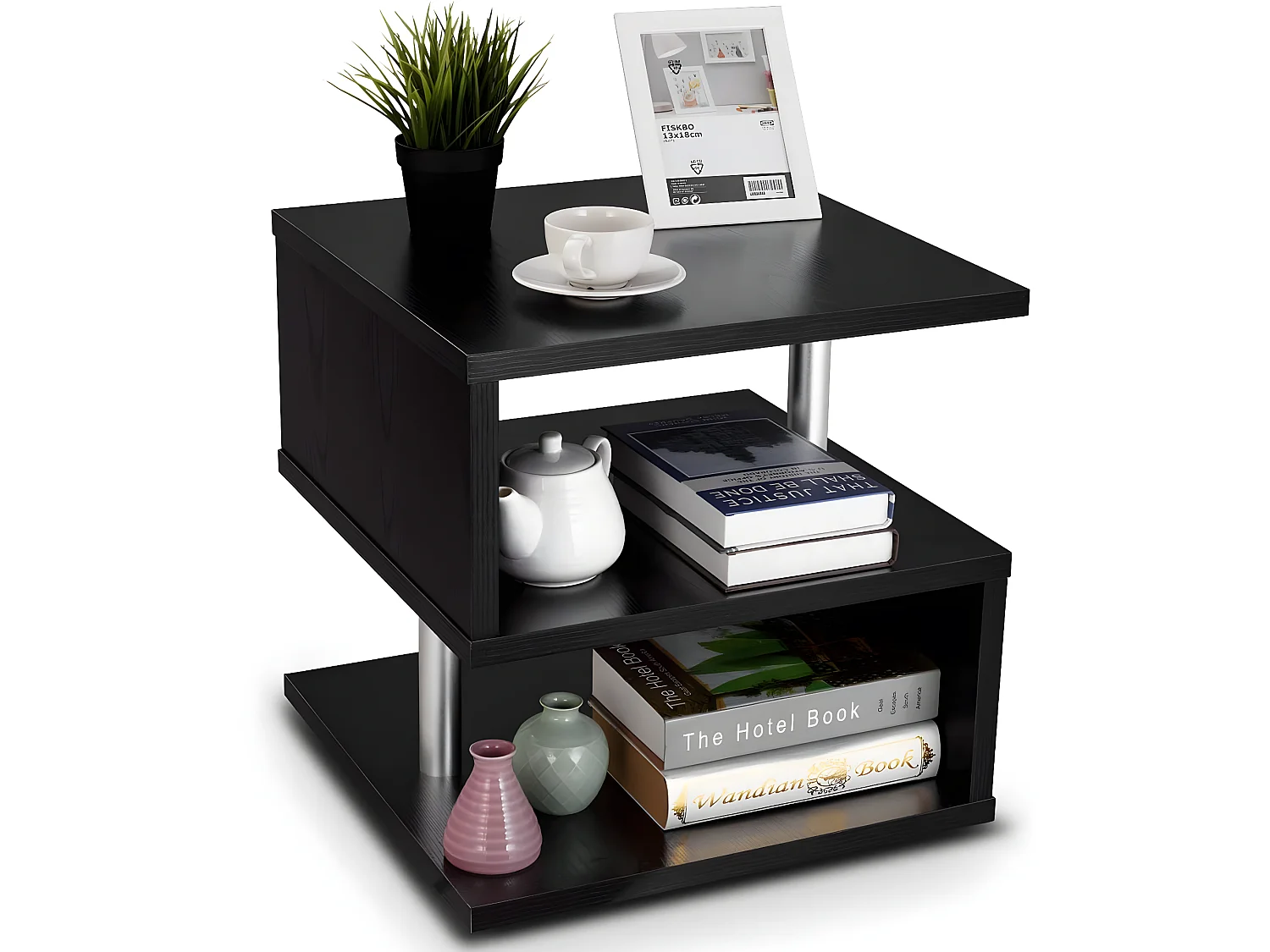 Table Basse en Bois Table d'Appoint Table de Café avec 3 Etagères Rangement pour Bureau, Jardin, Salon, 50x50x50cm Noire