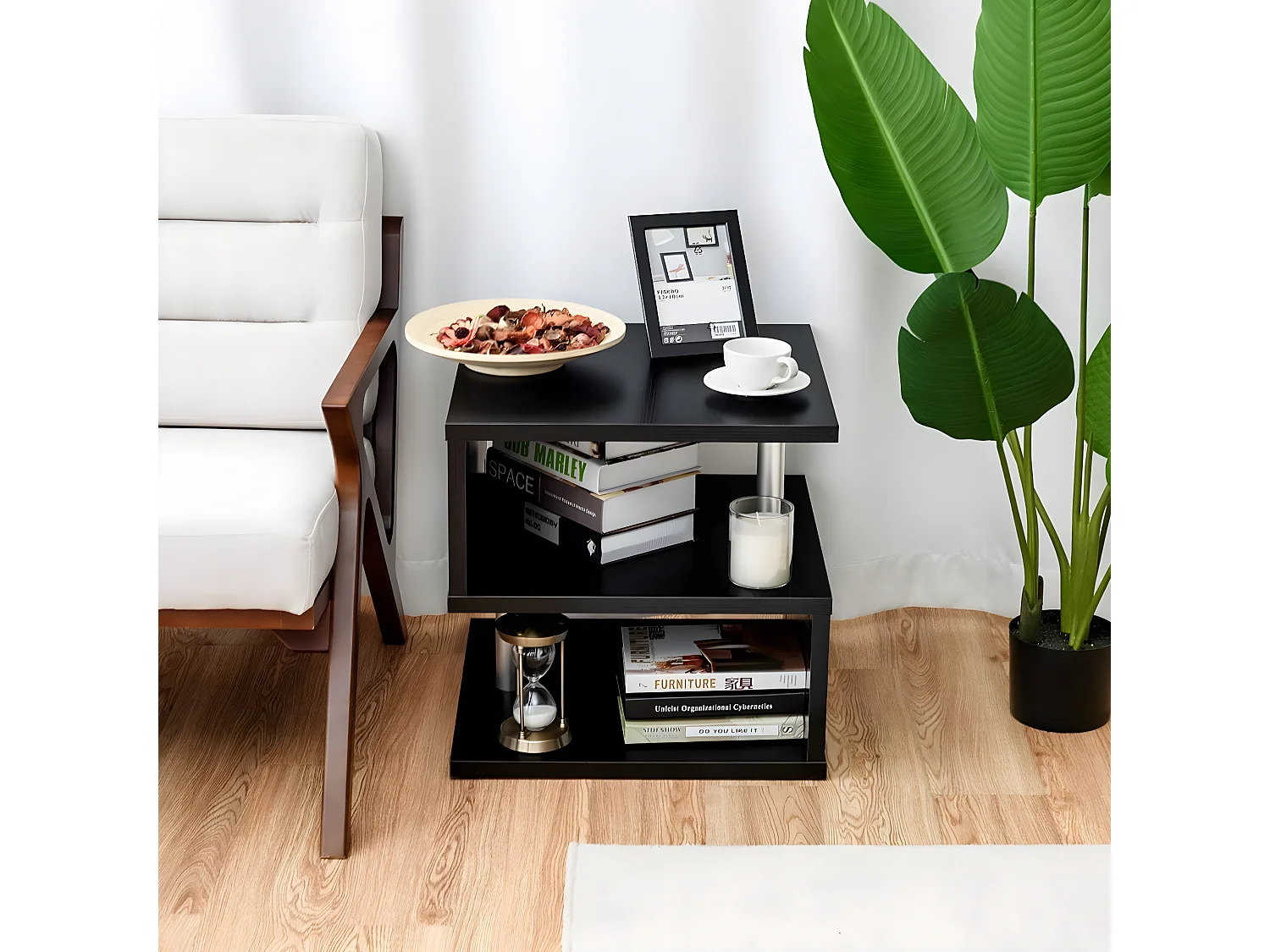 Table Basse en Bois Table d'Appoint Table de Café avec 3 Etagères Rangement pour Bureau, Jardin, Salon, 50x50x50cm Noire