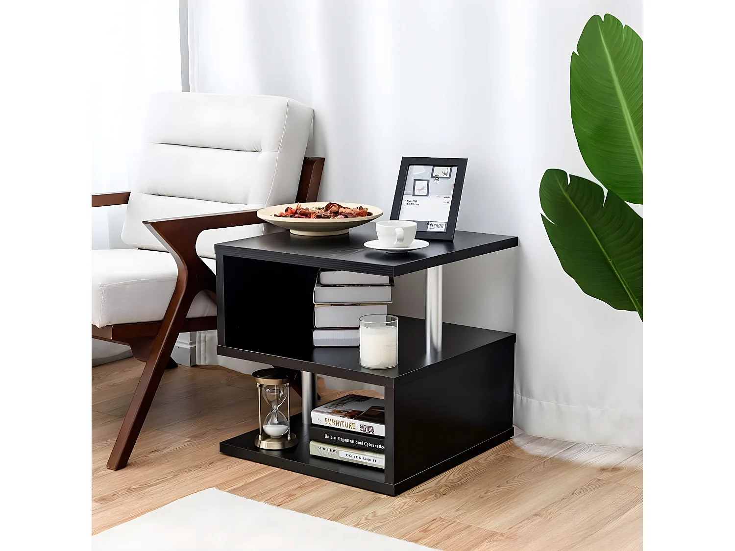 Table Basse en Bois Table d'Appoint Table de Café avec 3 Etagères Rangement pour Bureau, Jardin, Salon, 50x50x50cm Noire