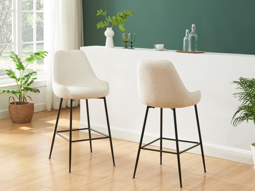 Barhocker 2er-Set - Bouclé-Stoff & schwarzes Metall - Weiß - TOYBA von Pasc günstig online kaufen