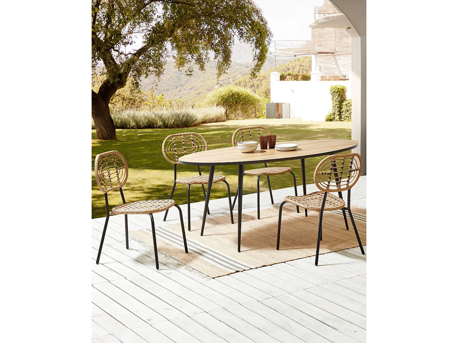 Gartenstuhl 4er Set Rattan natürlich beige mit Metallbeinen schwarz Pratello