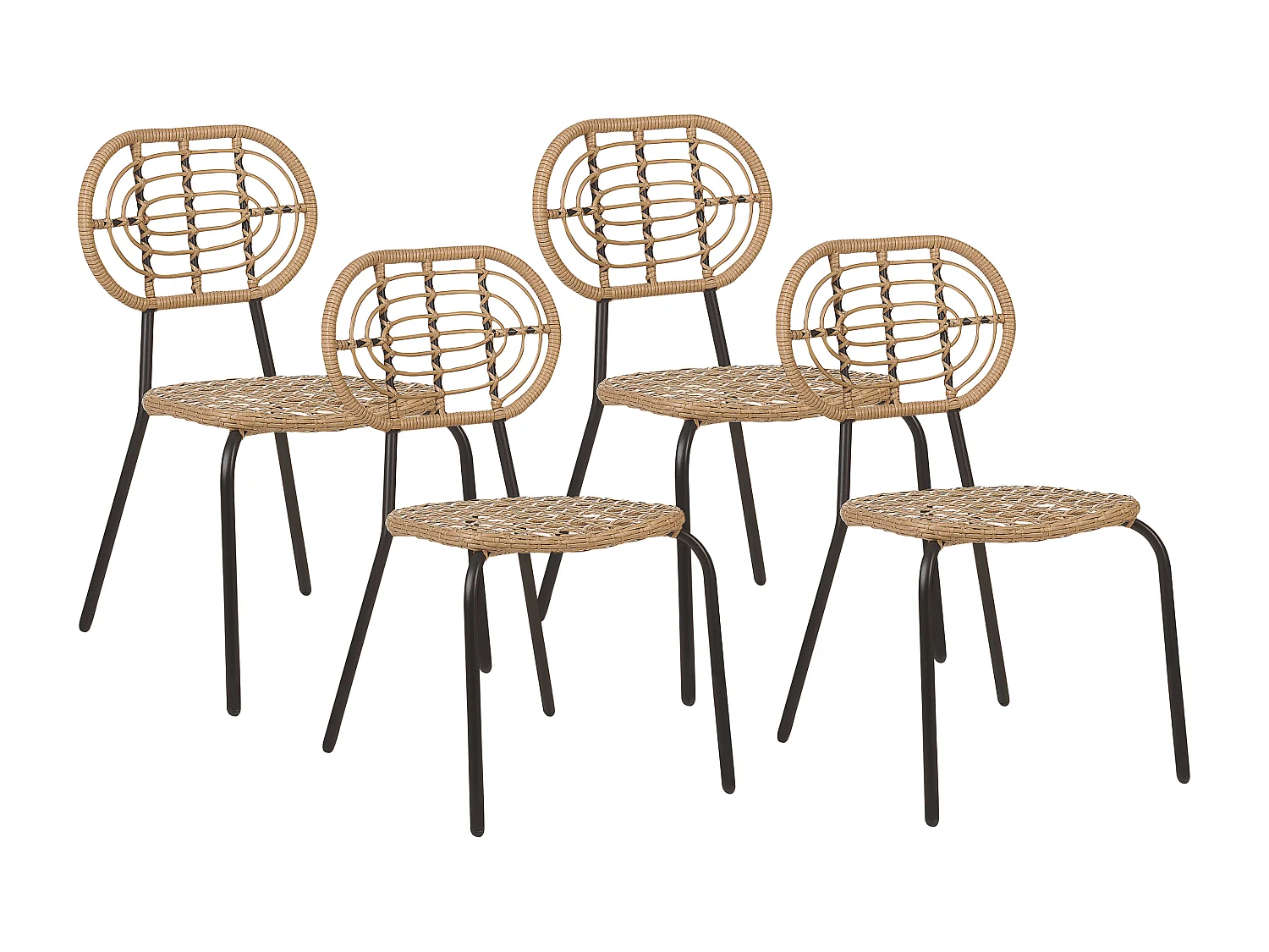 Gartenstuhl 4er Set Rattan natürlich beige mit Metallbeinen schwarz Pratello