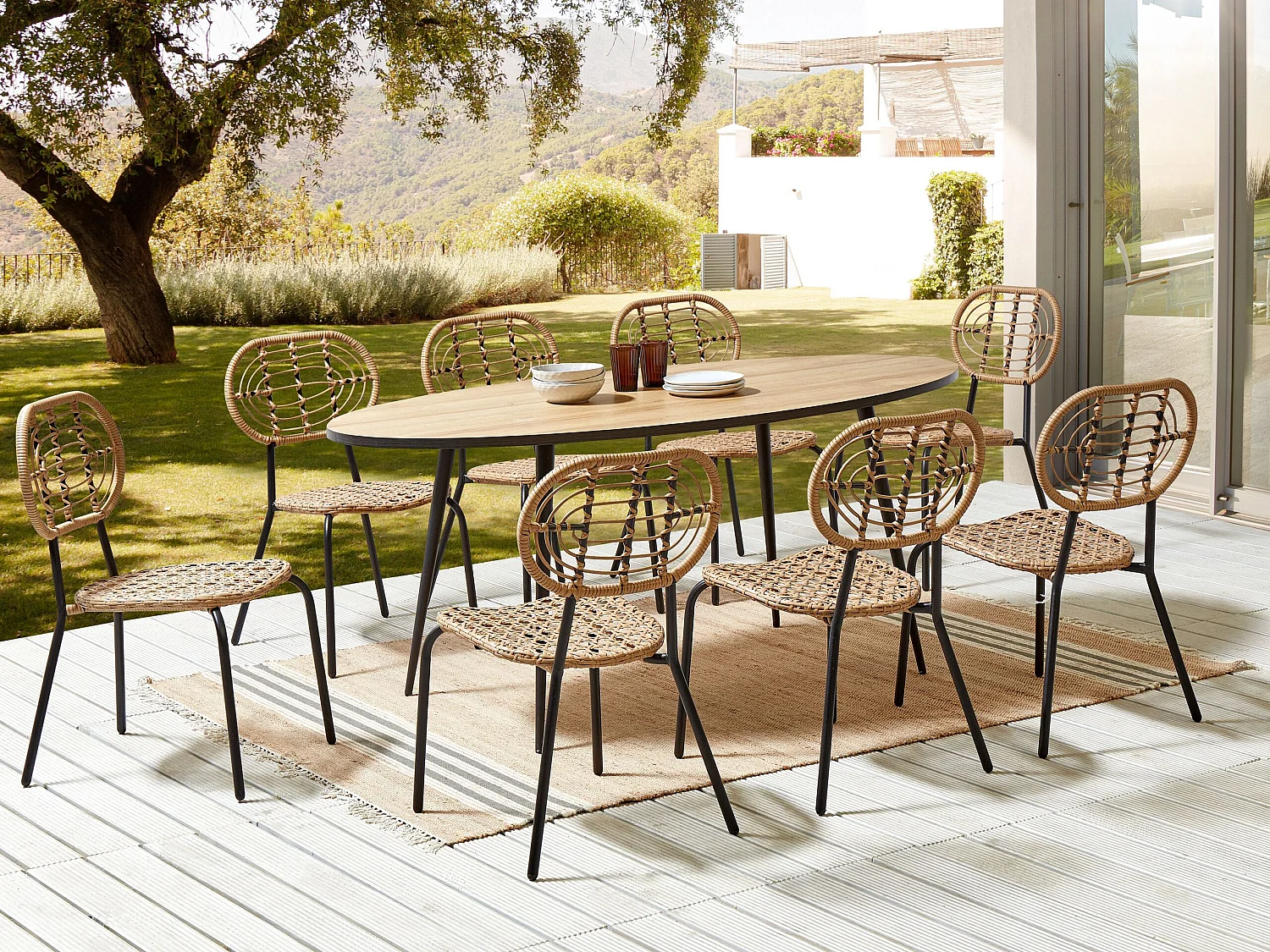 Set mit 8 Stühlen PRATELLO Polyrattan Naturfarben