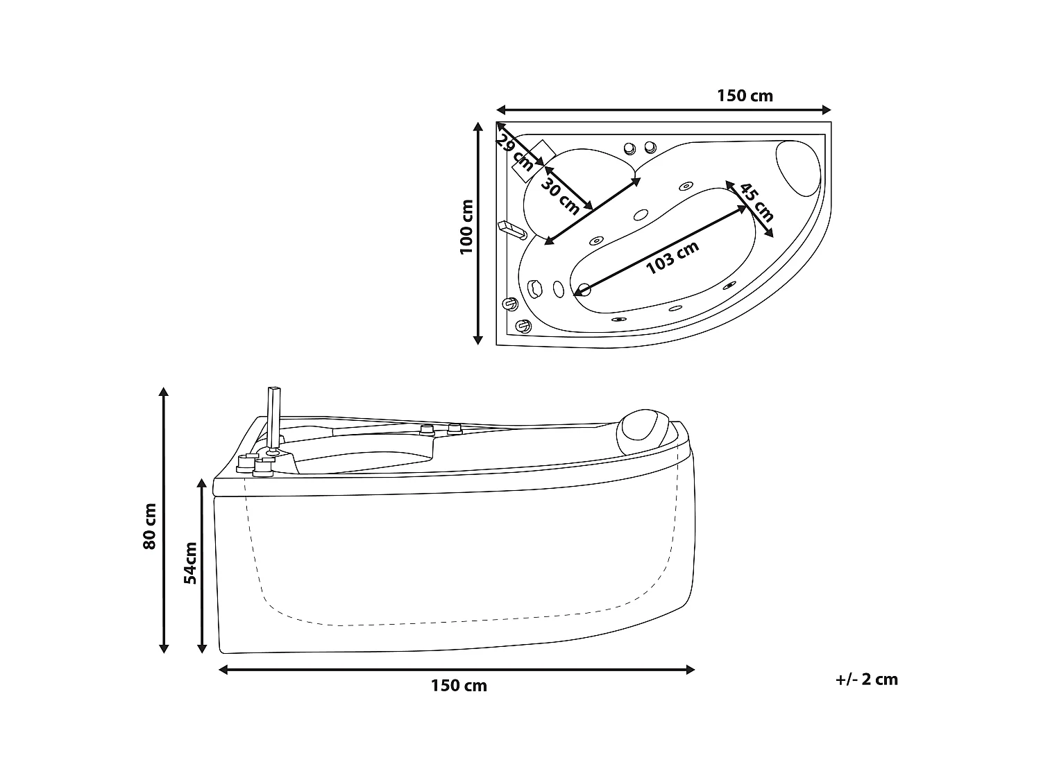Baignoire d'angle à remous avec LED NEIVA Côté droit 150 x 100 cm Blanc