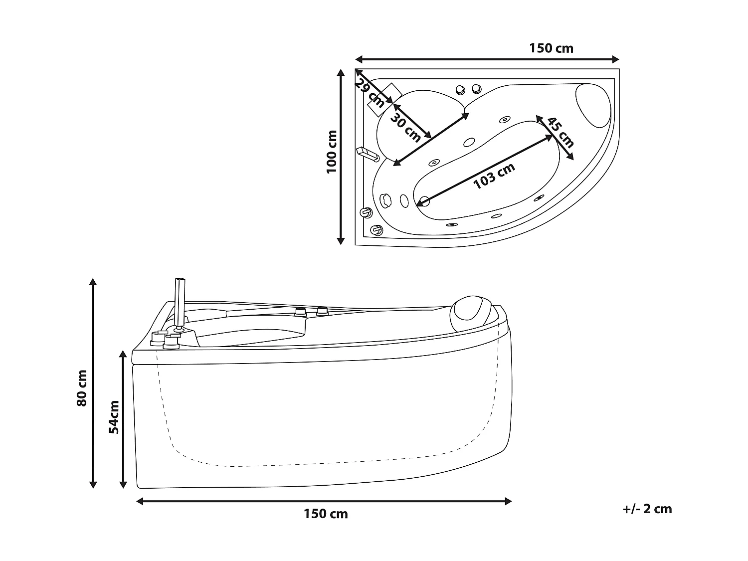 Baignoire d'angle à remous avec LED NEIVA Côté droit 150 x 100 cm Blanc
