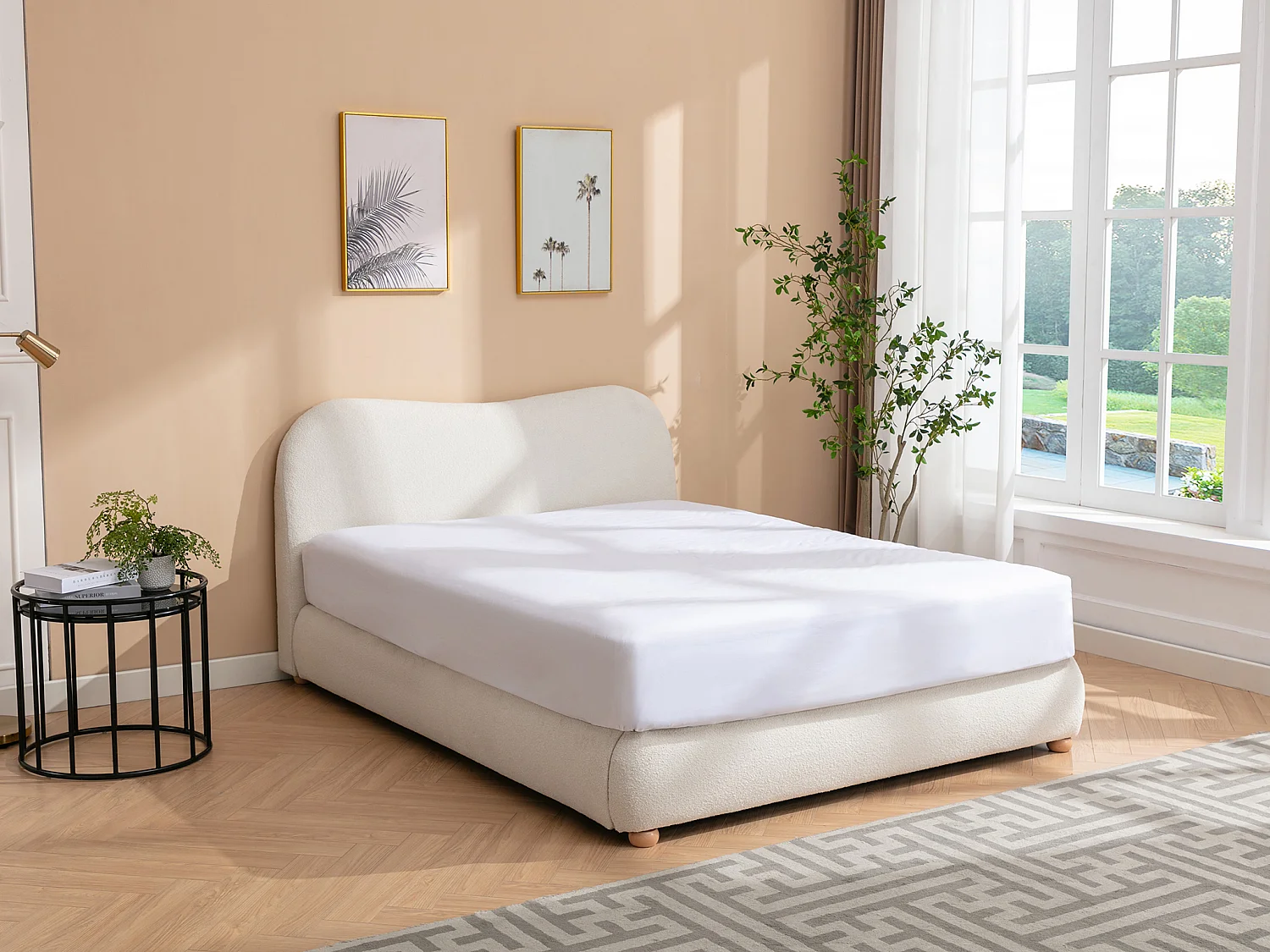 Lit coffre 140 x 190 cm - Tissu bouclette - Blanc - VANARI