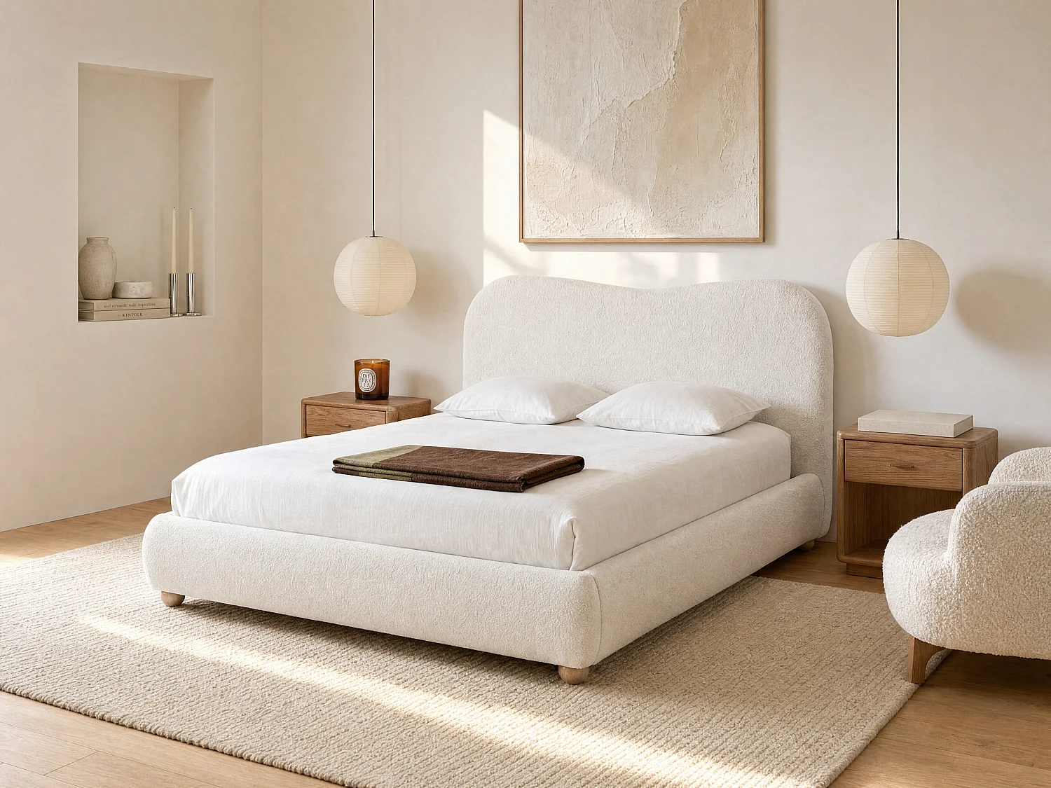 Bed met opbergruimte, 140 x 190 cm - Boucléstof - Wit - VANARI