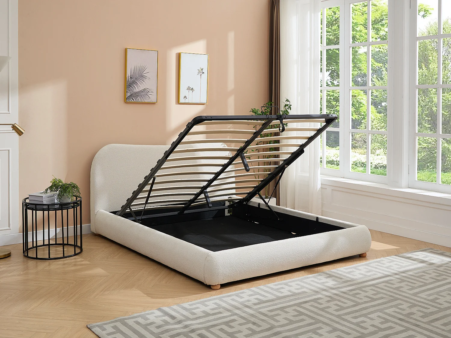 Lit coffre 160 x 200 cm - Tissu bouclette - Blanc - VANARI