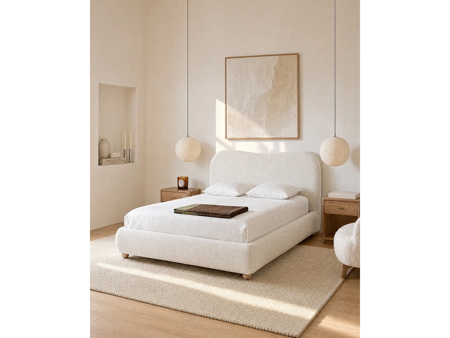 Storage Bed 160 x 200 cm - Boucle Fabric - White - VANARI