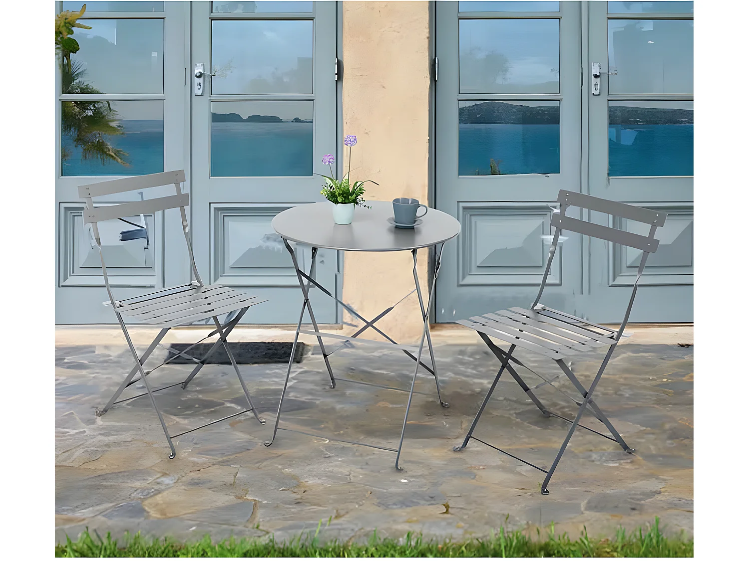 Estosa - Ensemble de balcon avec chaises et table pliantes en acier Dalia gris