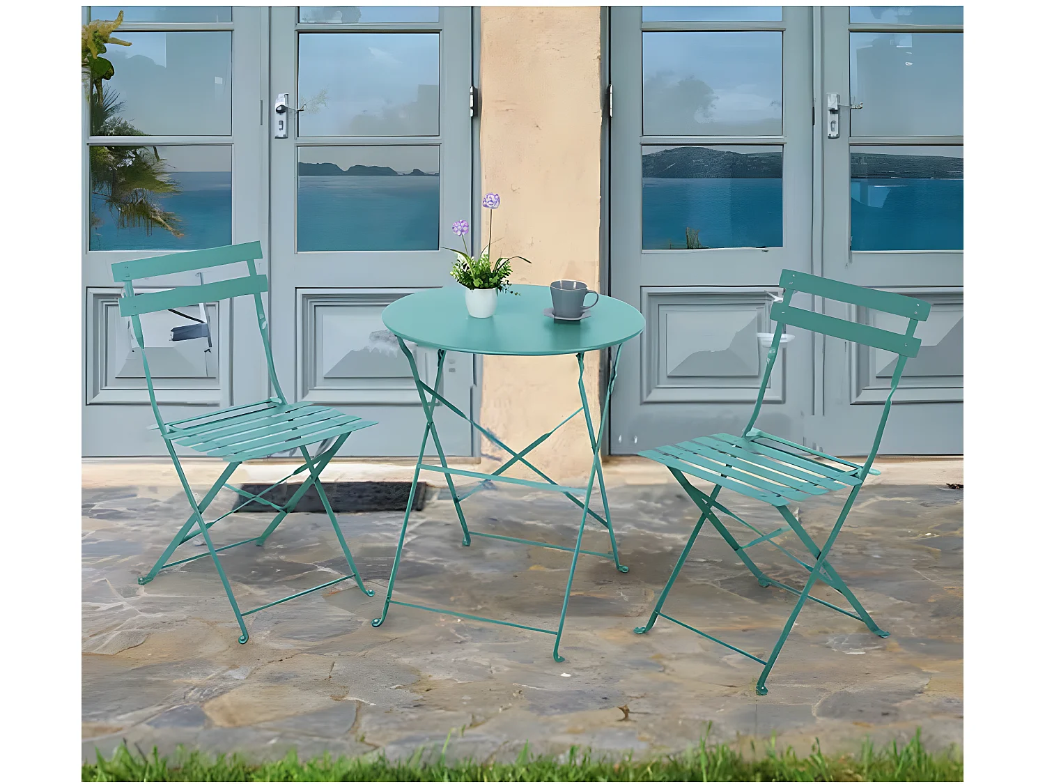 Estosa - Ensemble table et chaises de jardin pliantes en acier bleu Dalia