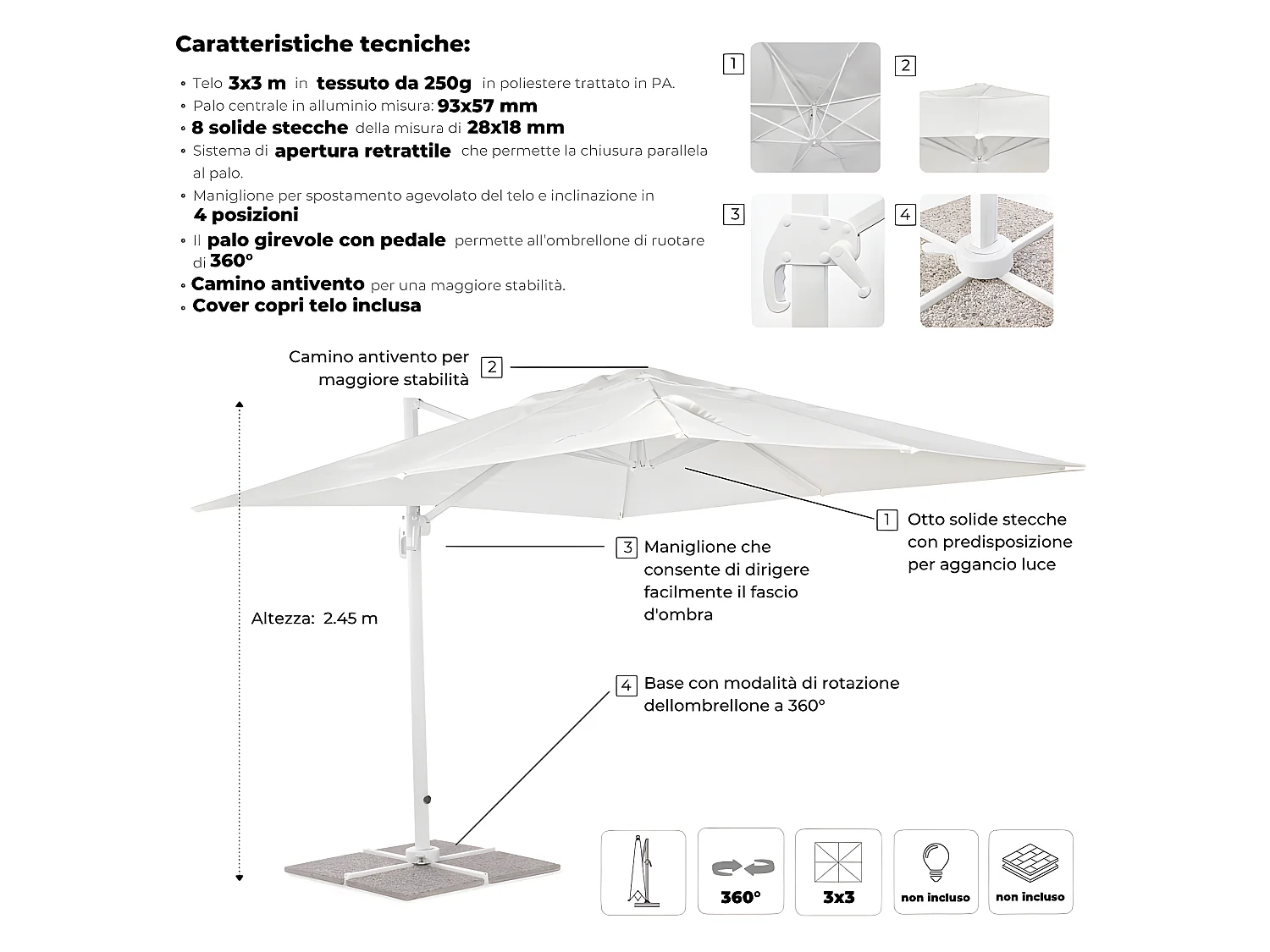 Estosa - Parasol de jardin à bras latéral Roma 3x3