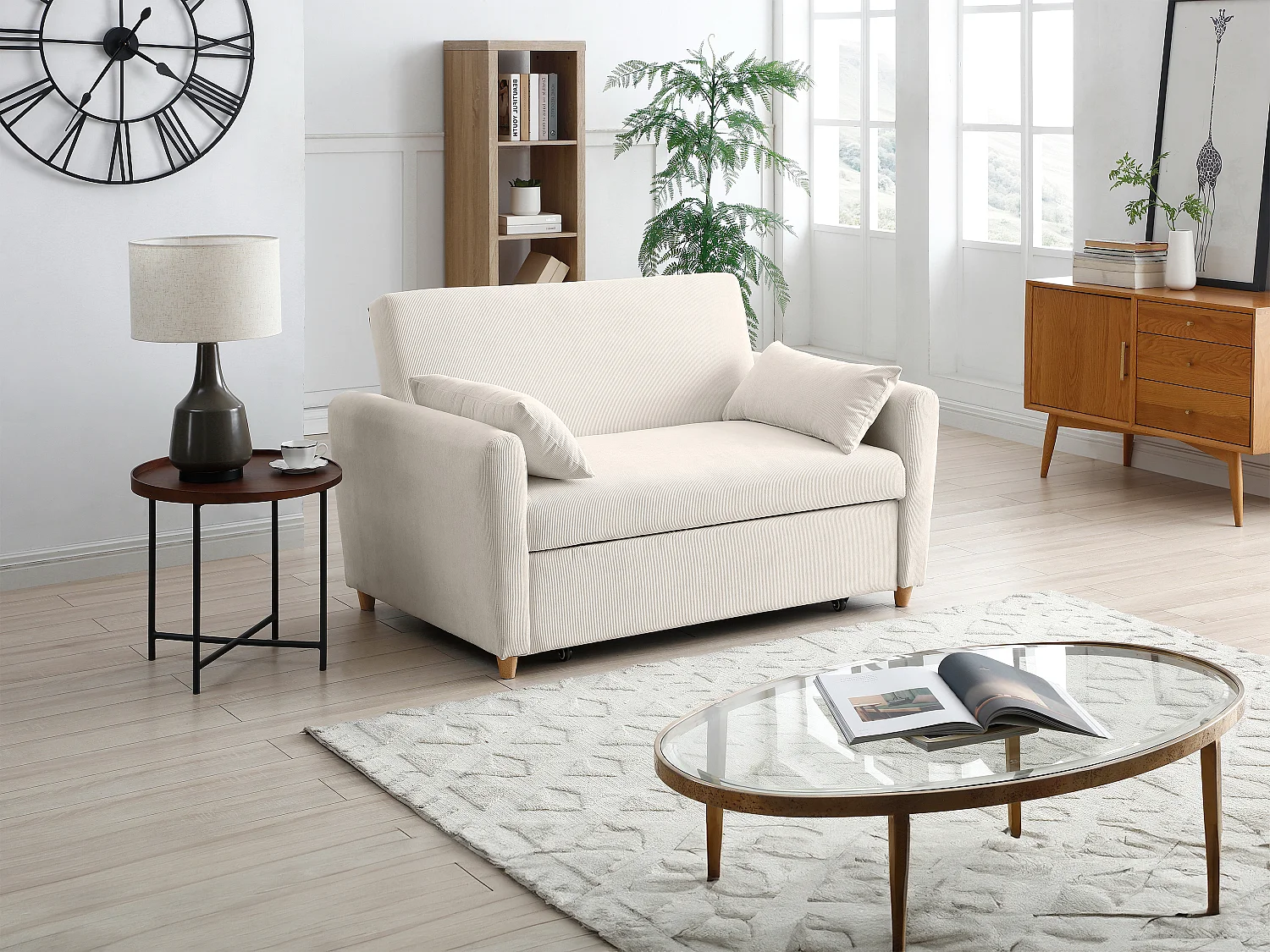 Divano letto 2 posti in Velluto a coste Beige - AYLA