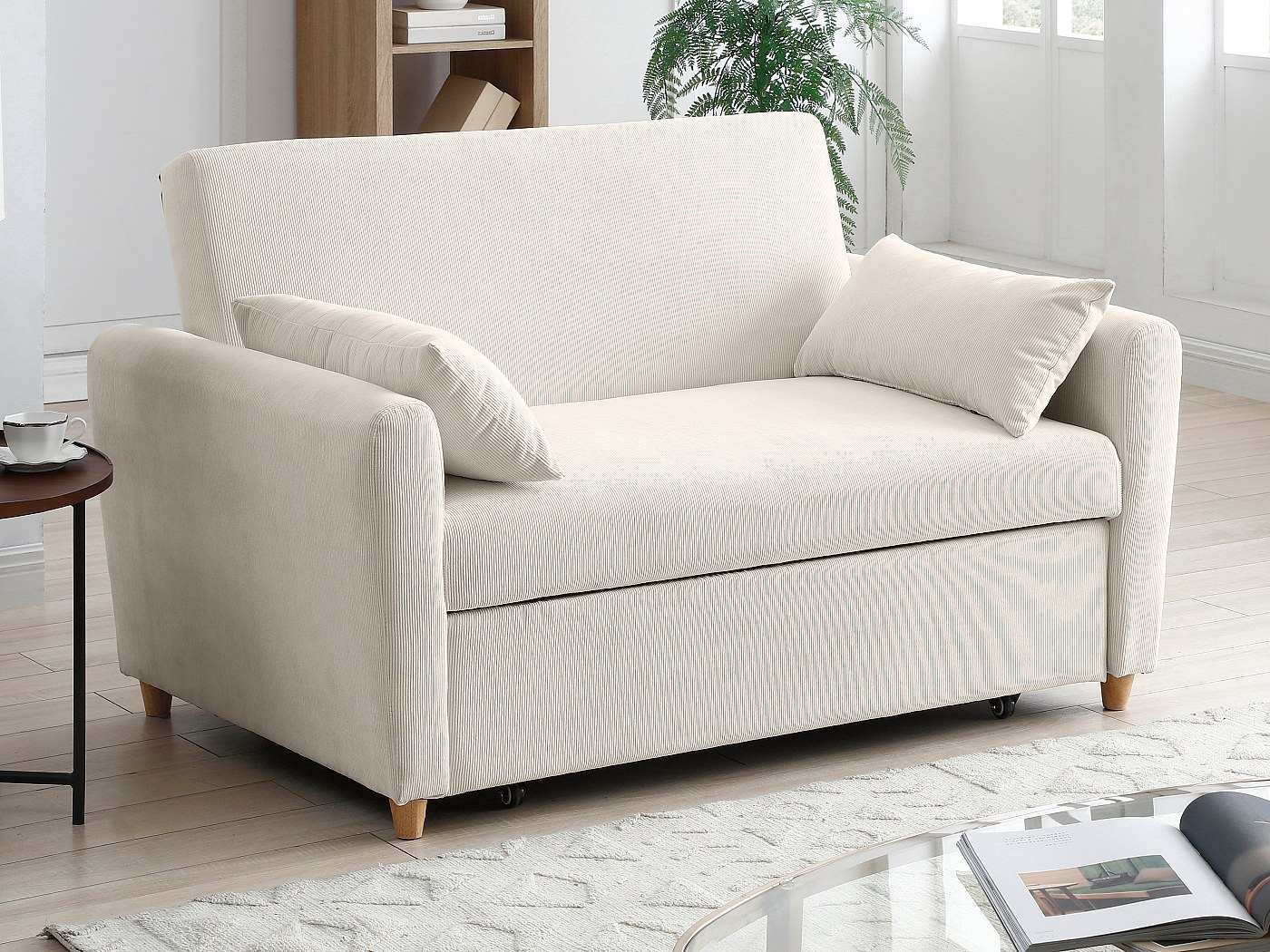 Divano letto 2 posti con cassetto in Velluto coste Beige AYLA
