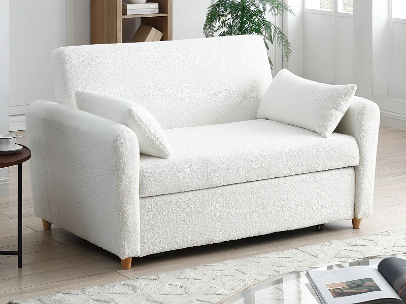 Canapé 2 places convertible en tissu bouclette blanc AYLA