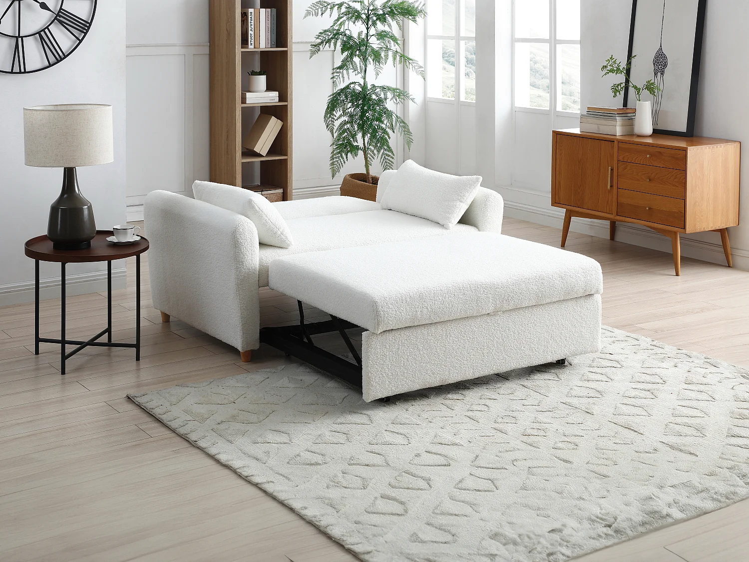 Sofa 2-Sitzer mit Schlaffunktion - Bouclé-Stoff - Weiß - AYLA