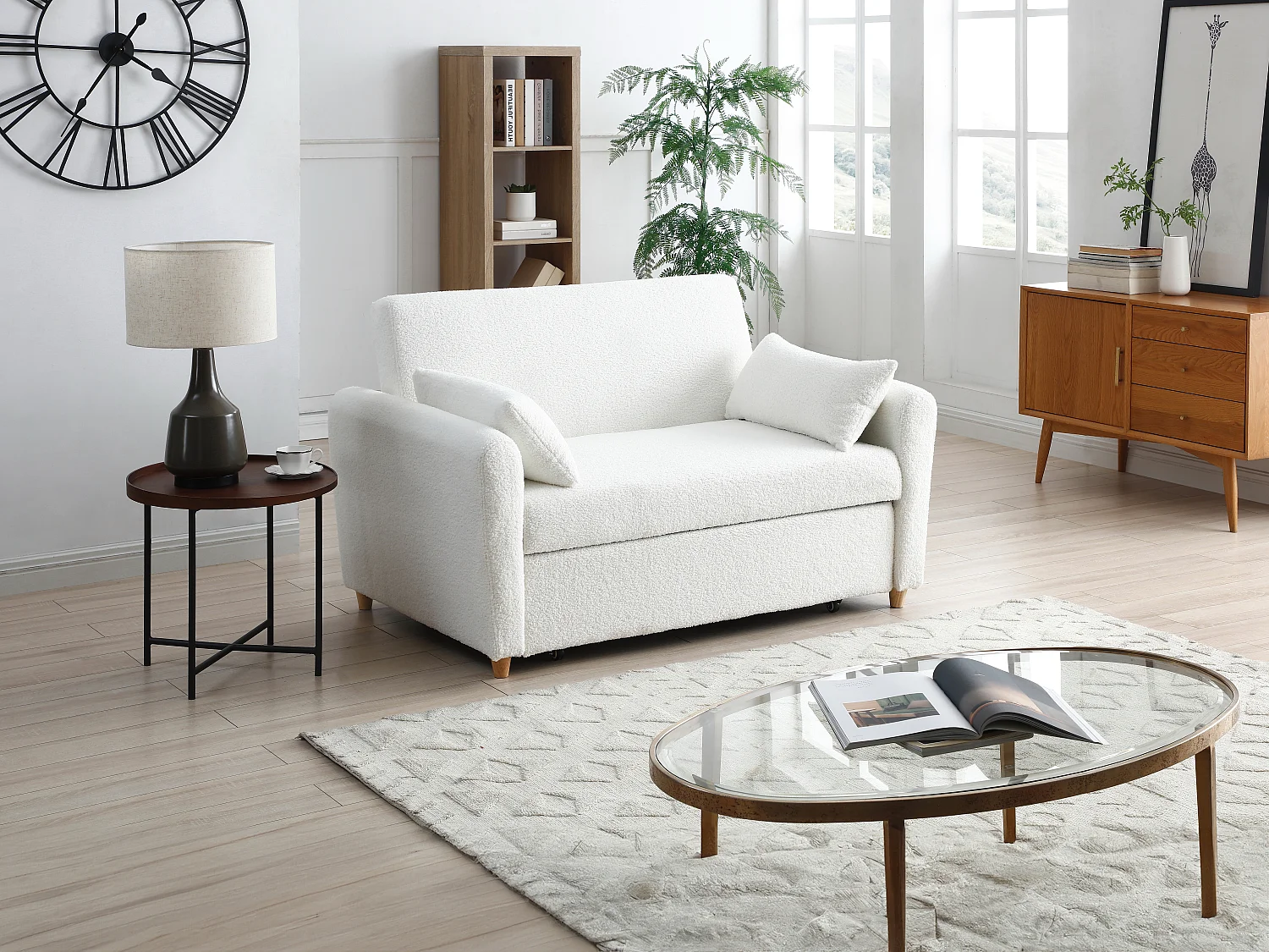 Tweezitsslaapbank van witte boucléstof AYLA