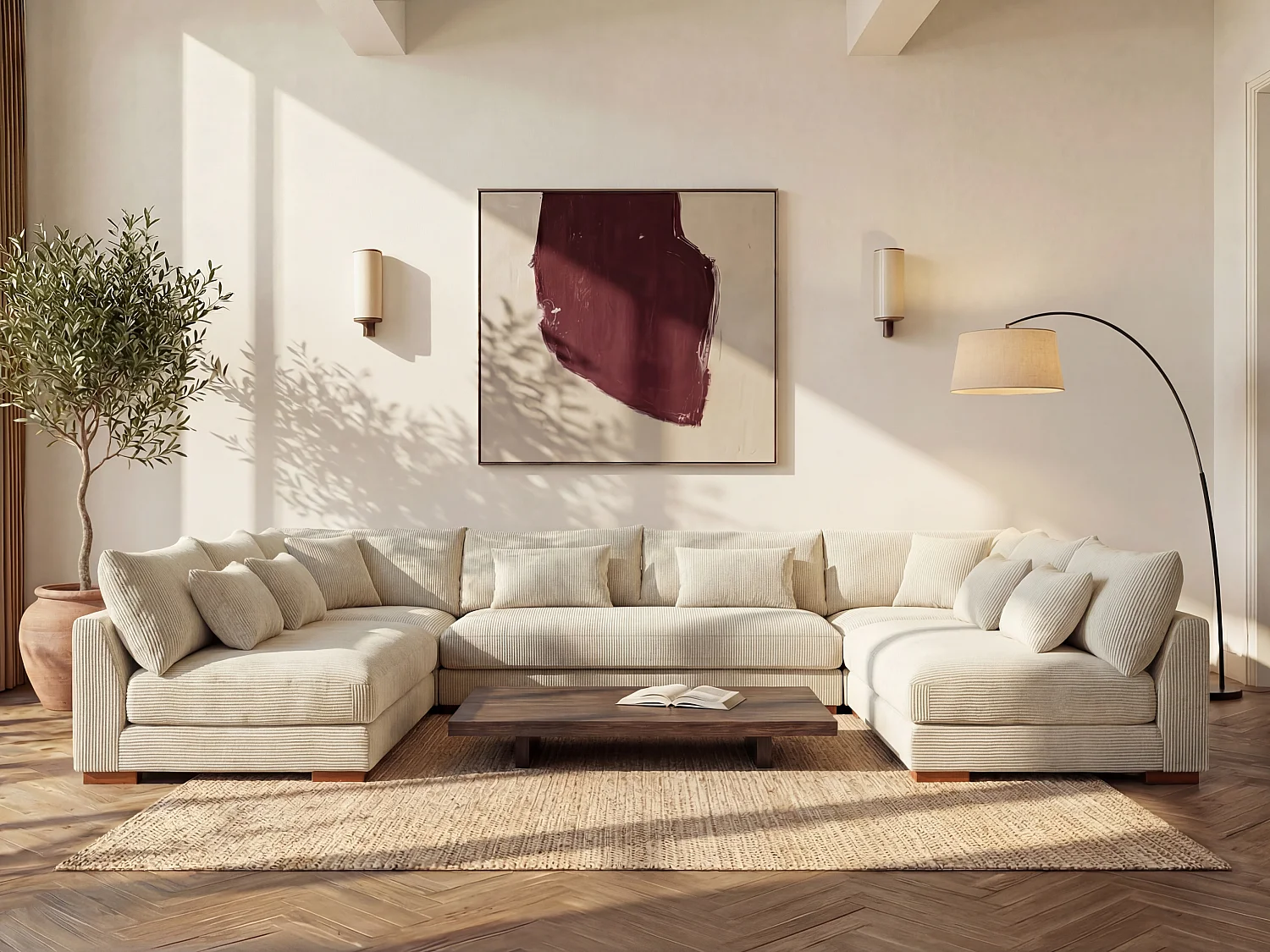 XXL-hoekbank met hoek links van beige ribfluweel SPERONE