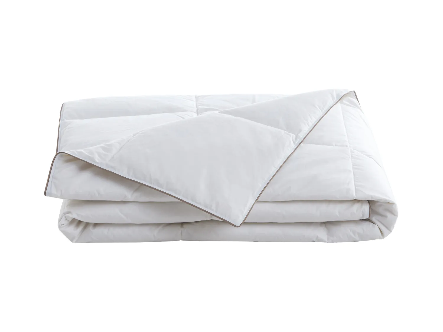 Couette anti-acariens enveloppe 100% percale - 240 x 260 cm - garnissage plumettes et duvet - 300 g/m2 - Blanc passepoil taupe - FEATH de PALACIO