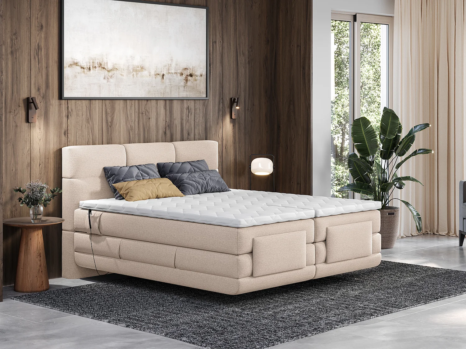 Boxspringbett mit gestepptem Kopfteil + elektrischem Untergestell mit Relaxfunktion + Matratze + Topper - 2 x 80 x 200 cm - Stoff - Beige - LODI von PALACIO