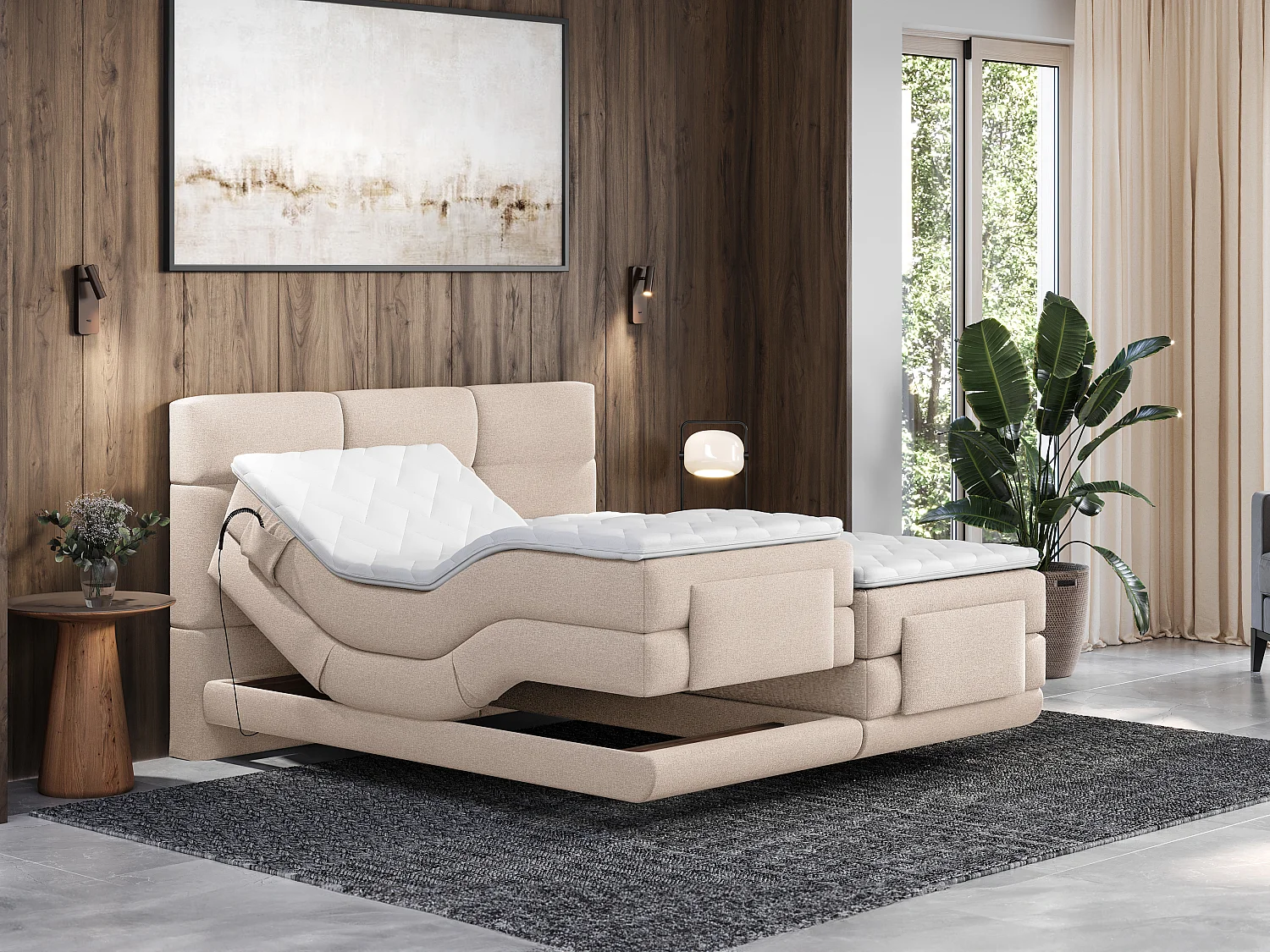 Boxspringbett mit gestepptem Kopfteil + elektrischem Untergestell mit Relaxfunktion + Matratze + Topper - 2 x 80 x 200 cm - Stoff - Beige - LODI von PALACIO