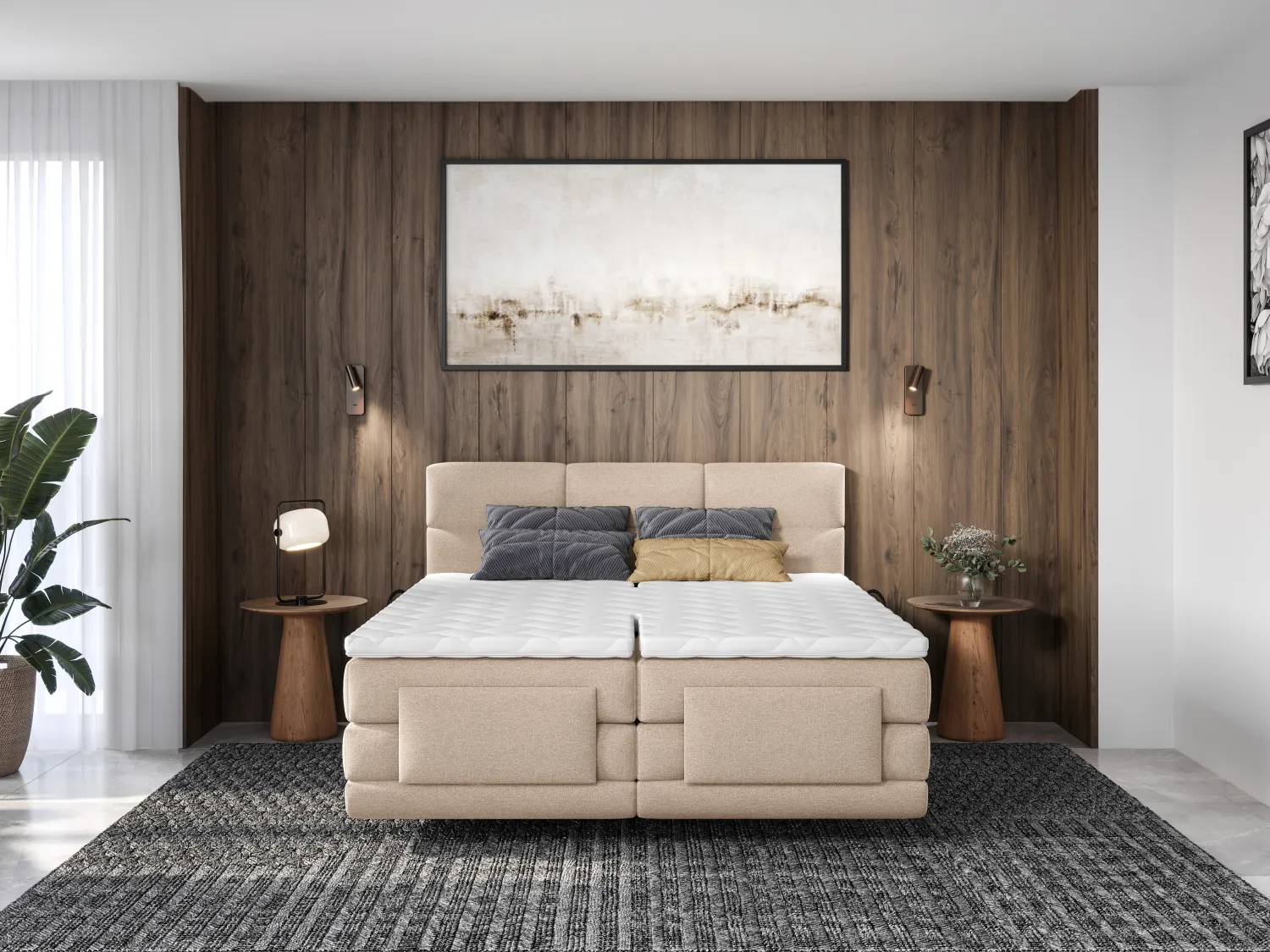 Ensemble complet boxspring tête de lit capitonnée + sommiers relaxation électrique + matelas + surmatelas - 2 x 80 x 200 cm - Tissu - Beige  - LODI de PALACIO