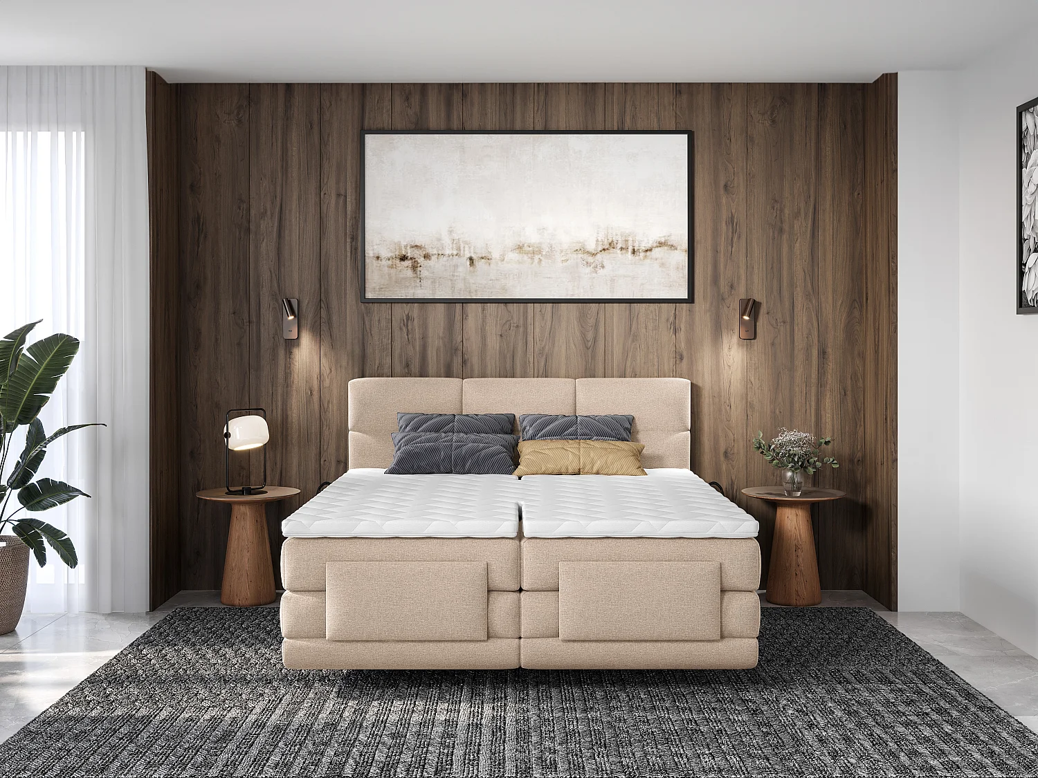 Set letto Boxspring 2x80x200 Beige LODI di PALACIO: Testata trapuntata + Rete relax elet. + Materasso + Topper