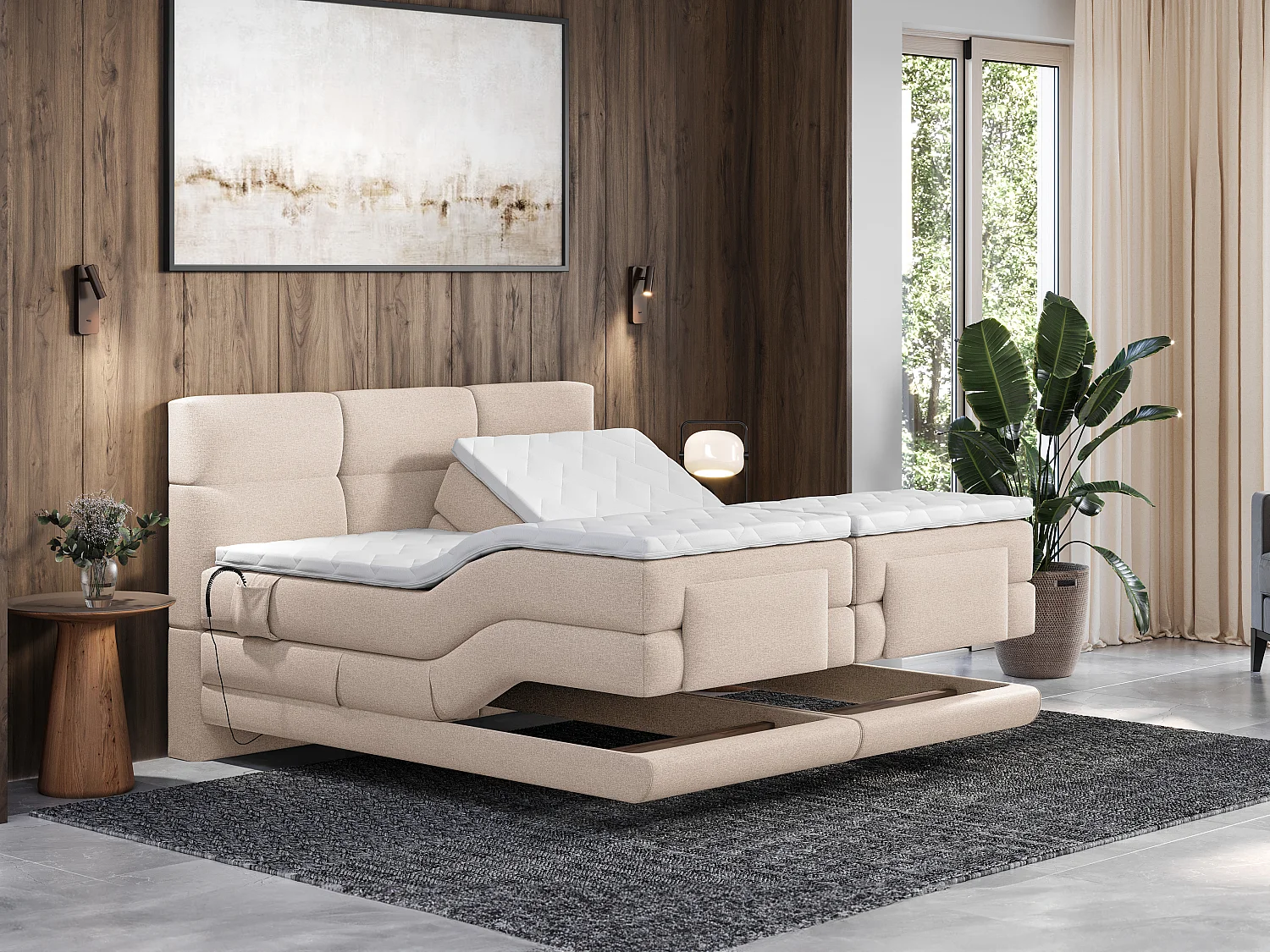 Set letto Boxspring 2x80x200 Beige LODI di PALACIO: Testata trapuntata + Rete relax elet. + Materasso + Topper