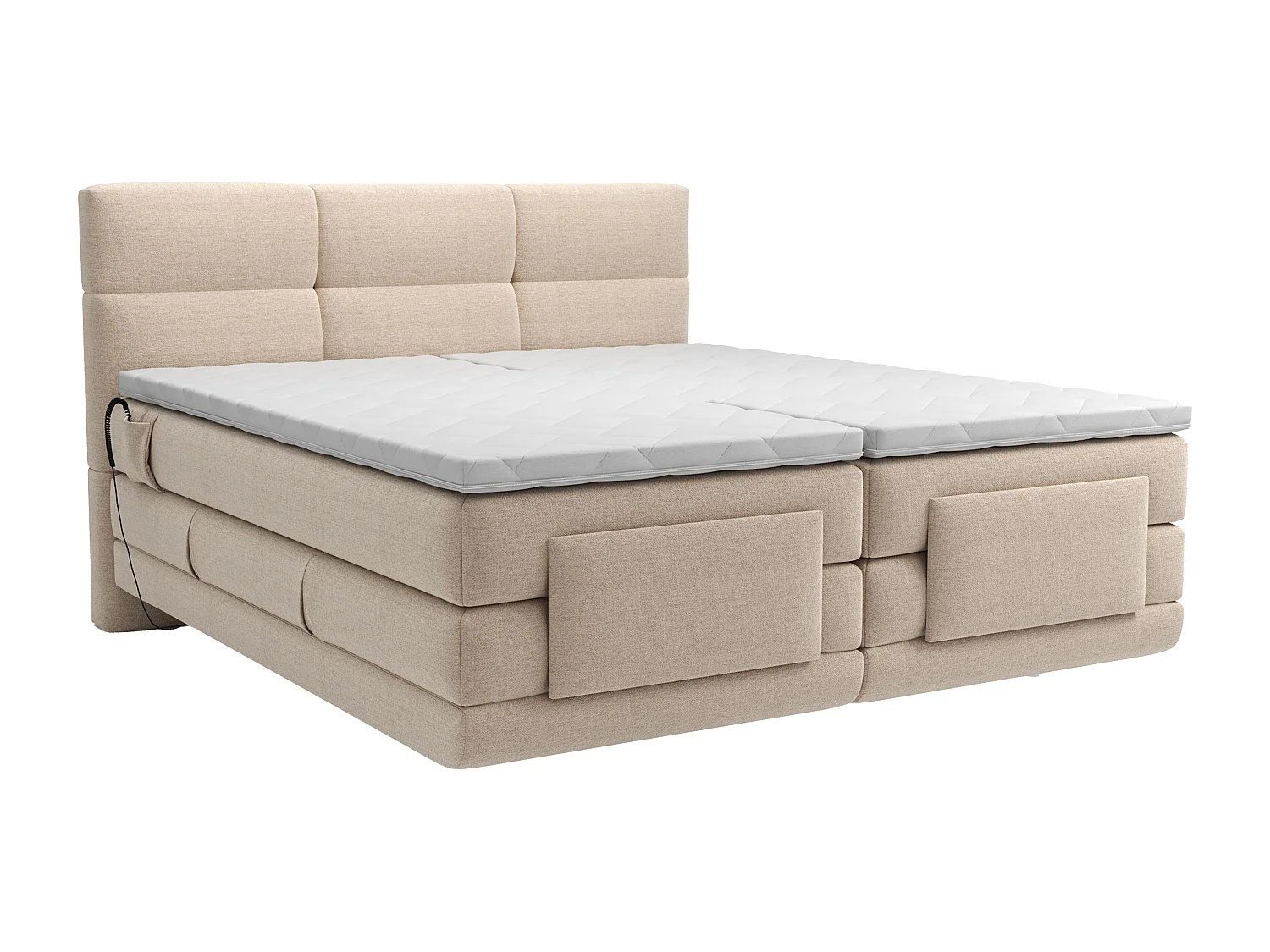 Set letto Boxspring 2x80x200 Beige LODI di PALACIO: Testata trapuntata + Rete relax elet. + Materasso + Topper