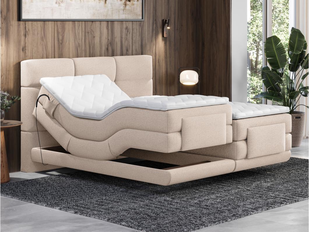 Boxspringbett mit gestepptem Kopfteil + elektrischem Untergestell mit Relaxfunktion + Matratze + Topper - 2 x 80 x 200 cm - Stoff - Beige - LODI von PALACIO