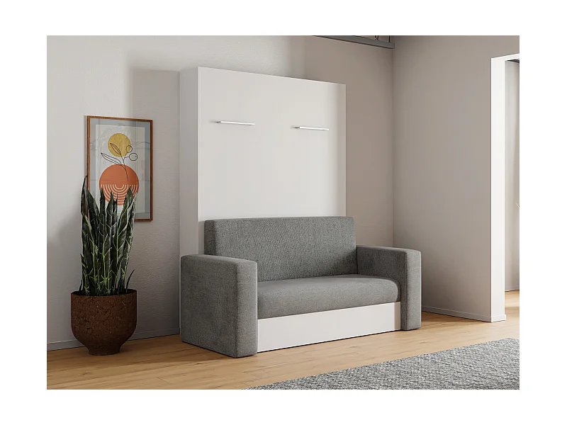 Letto a scomparsa con divano apertura verticale manuale 140 x 200 cm Bianco e Grigio + Materasso - VACIALA II