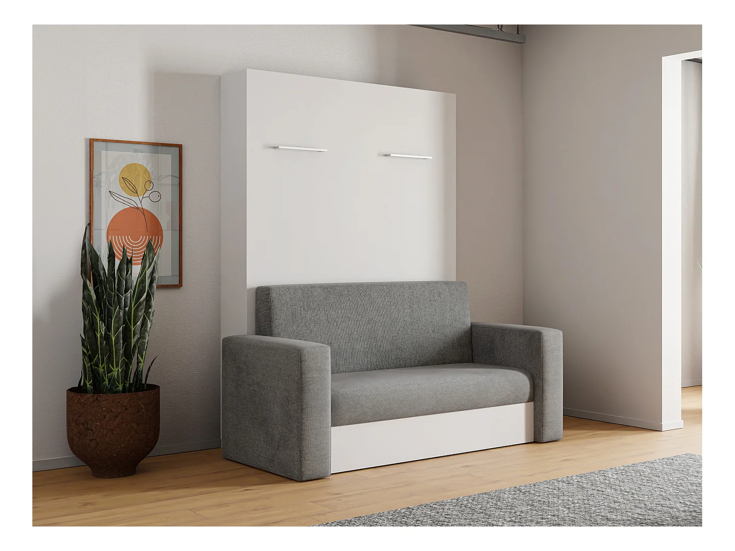 Lit escamotable canapé 140 x 200 cm - Ouverture verticale manuelle - Blanc et gris + Matelas - VACIALA II