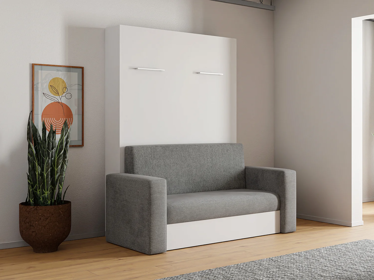 Lit escamotable canapé 140 x 200 cm - Ouverture verticale manuelle - Blanc et gris + Matelas - VACIALA II