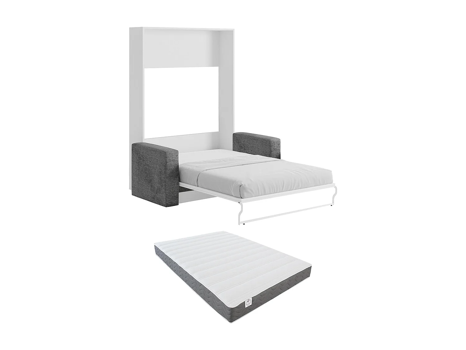 Lit escamotable canapé 140 x 200 cm - Ouverture verticale manuelle - Blanc et gris + Matelas - VACIALA II