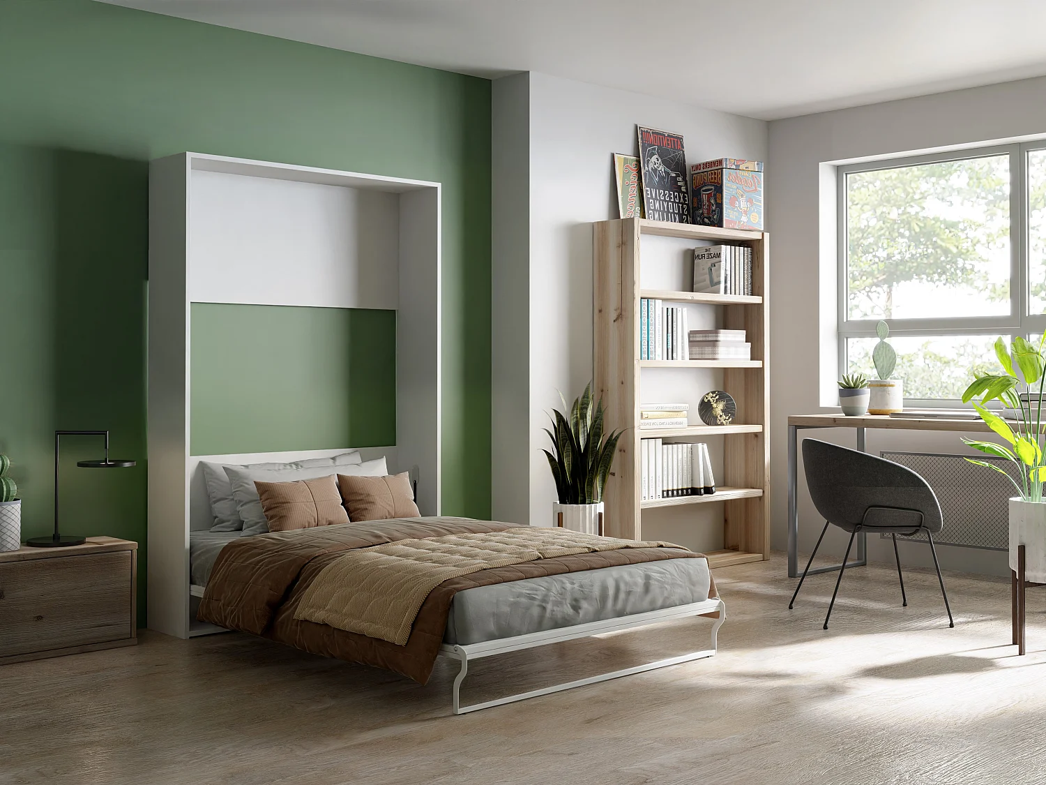 Lit escamotable 140 x 200 cm - Ouverture verticale manuelle - Blanc + matelas - MALINA II