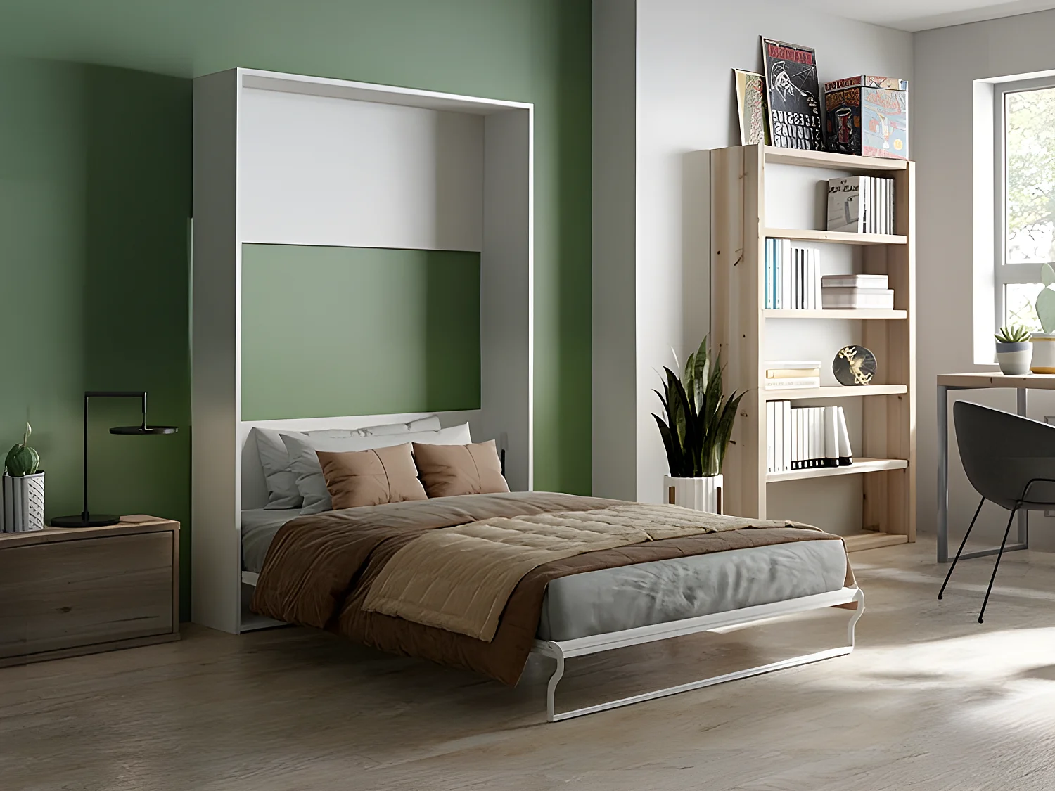 Schrankbett + Matratze - 140 x 200 cm - Manuelle vertikale Öffnung - Weiß - MALINA II