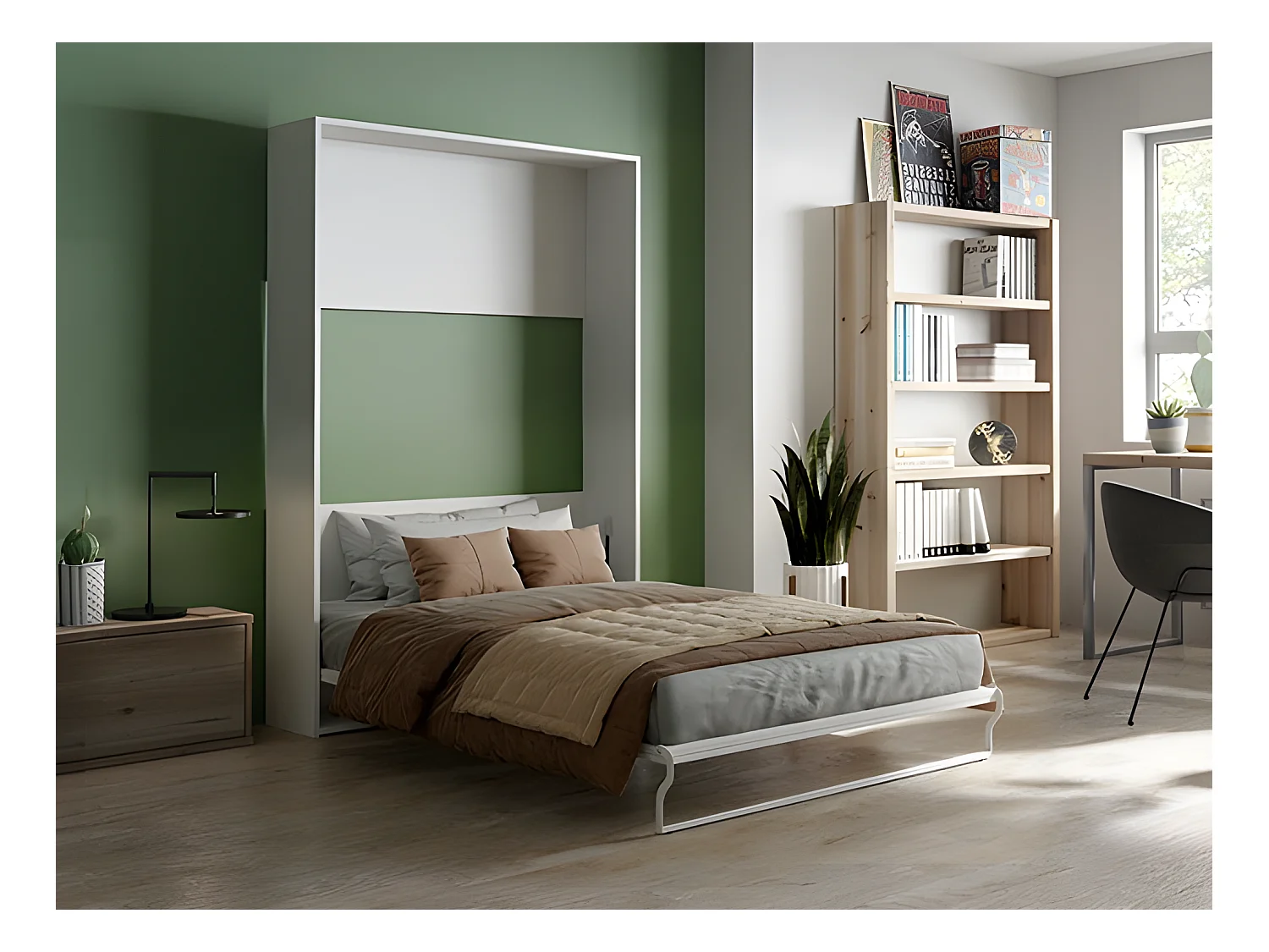 Lit escamotable 140 x 200 cm - Ouverture verticale manuelle - Blanc + matelas - MALINA II