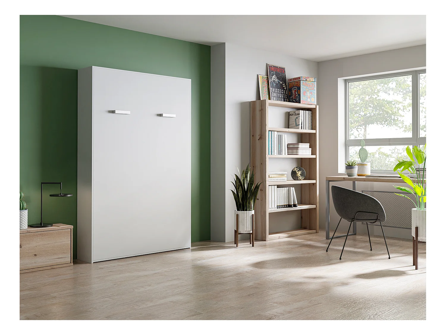 Lit escamotable 140 x 200 cm - Ouverture verticale manuelle - Blanc + matelas - MALINA II