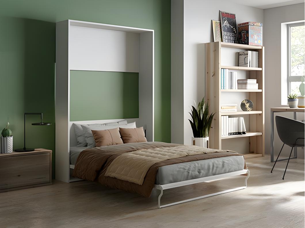 Lit escamotable 140 x 200 cm - Ouverture verticale manuelle - Blanc + matelas - MALINA II