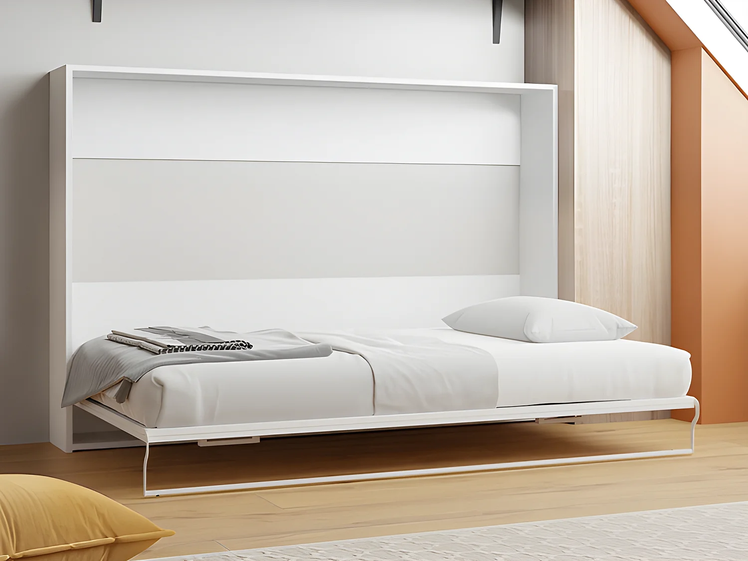 Lit escamotable 140 x 200 cm - Ouverture horizontale manuelle - Blanc + matelas MALINA II