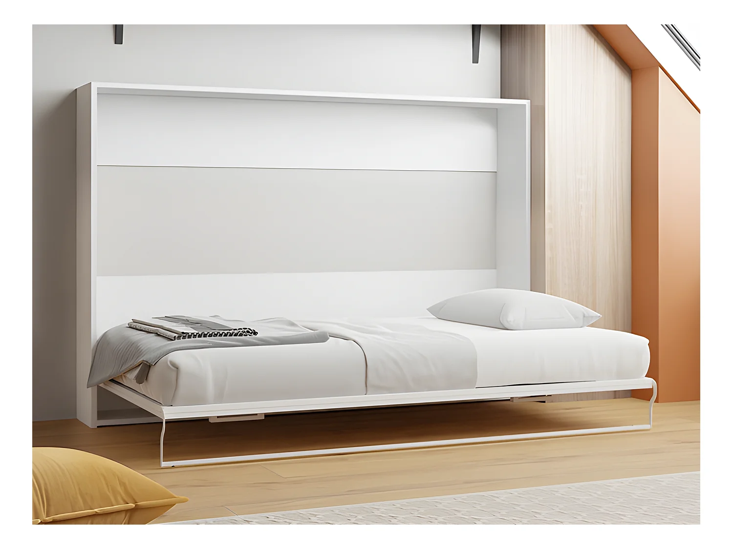 Lit escamotable 140 x 200 cm - Ouverture horizontale manuelle - Blanc + matelas MALINA II