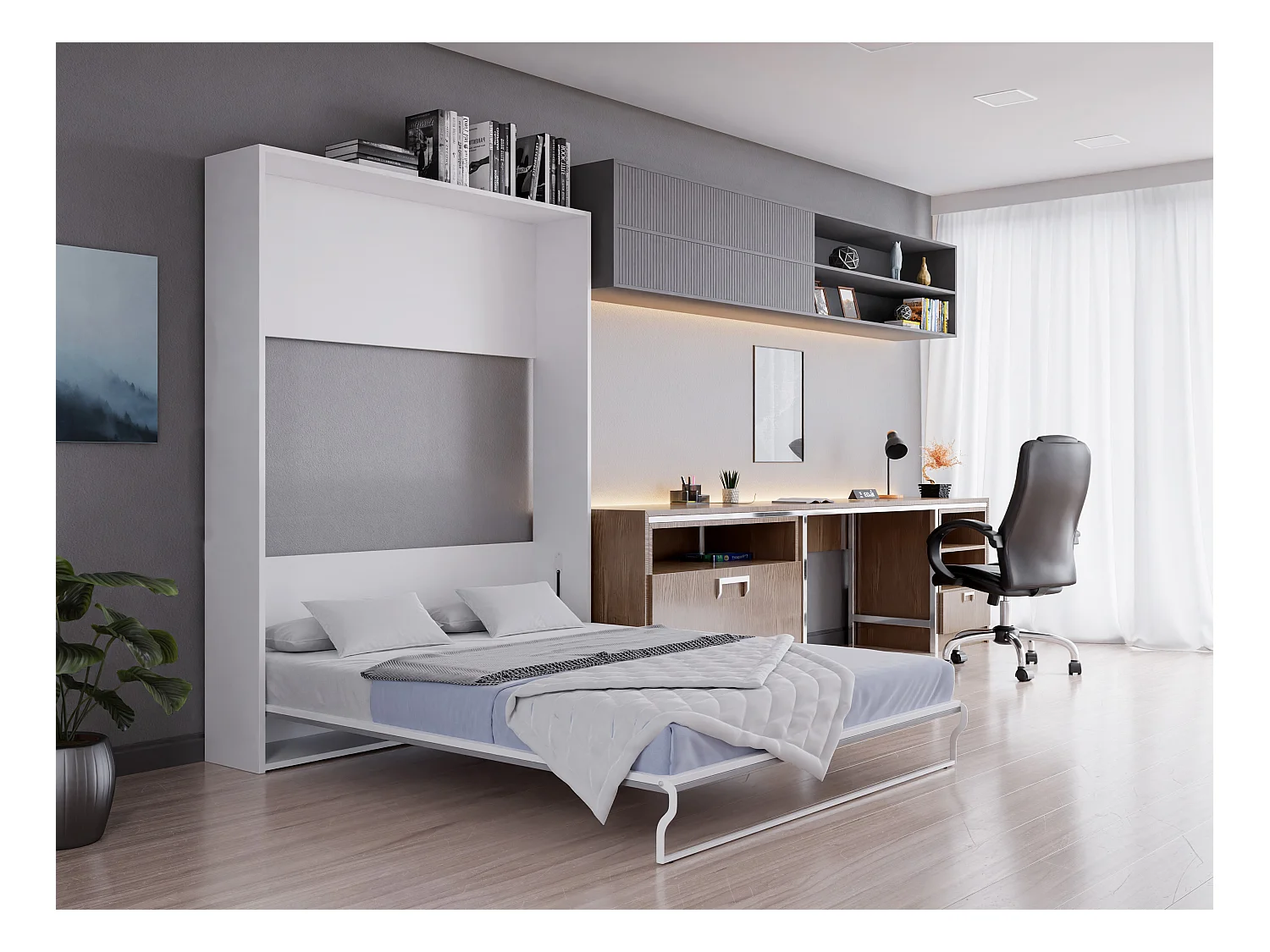 Lit escamotable 160 x 200 cm - Ouverture verticale manuelle - Blanc et gris + Matelas - MALINA  II