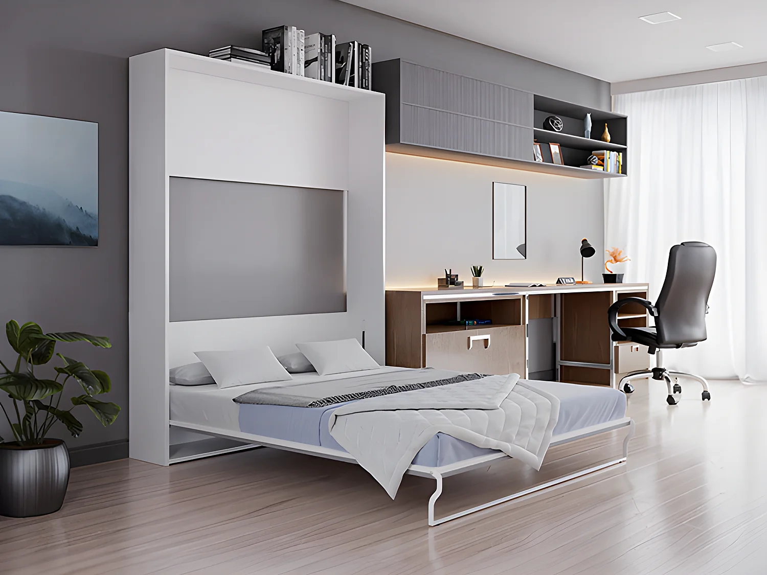 Lit escamotable 160 x 200 cm - Ouverture verticale manuelle - Blanc et gris + Matelas - MALINA  II