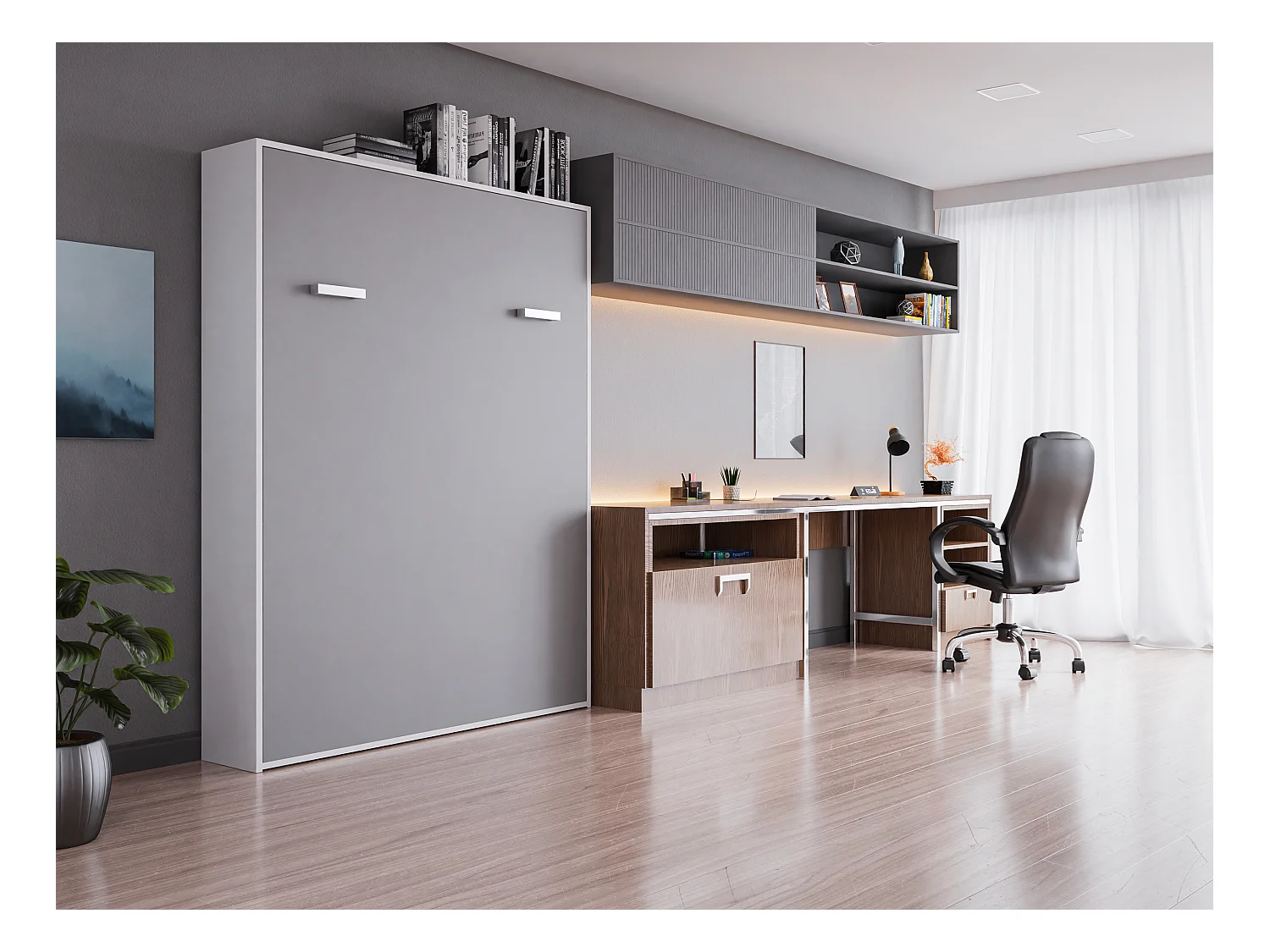 Lit escamotable 160 x 200 cm - Ouverture verticale manuelle - Blanc et gris + Matelas - MALINA  II