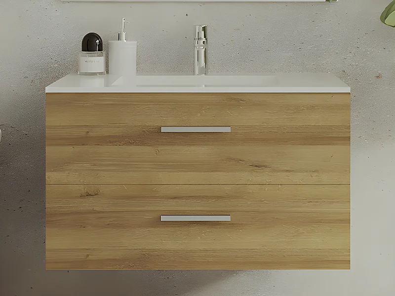 Szafka łazienkowa wisząca  z umywalką - Naturalny jasny - 80 cm - KAYLA