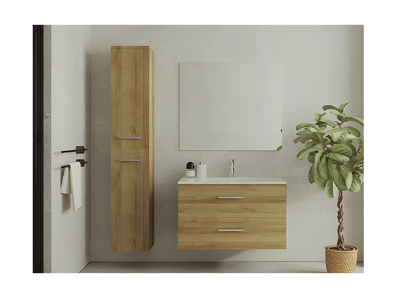 Mueble de baño flotante con lavabo y columna de almacenamiento - Color natural claro - 80 cm - KAYLA